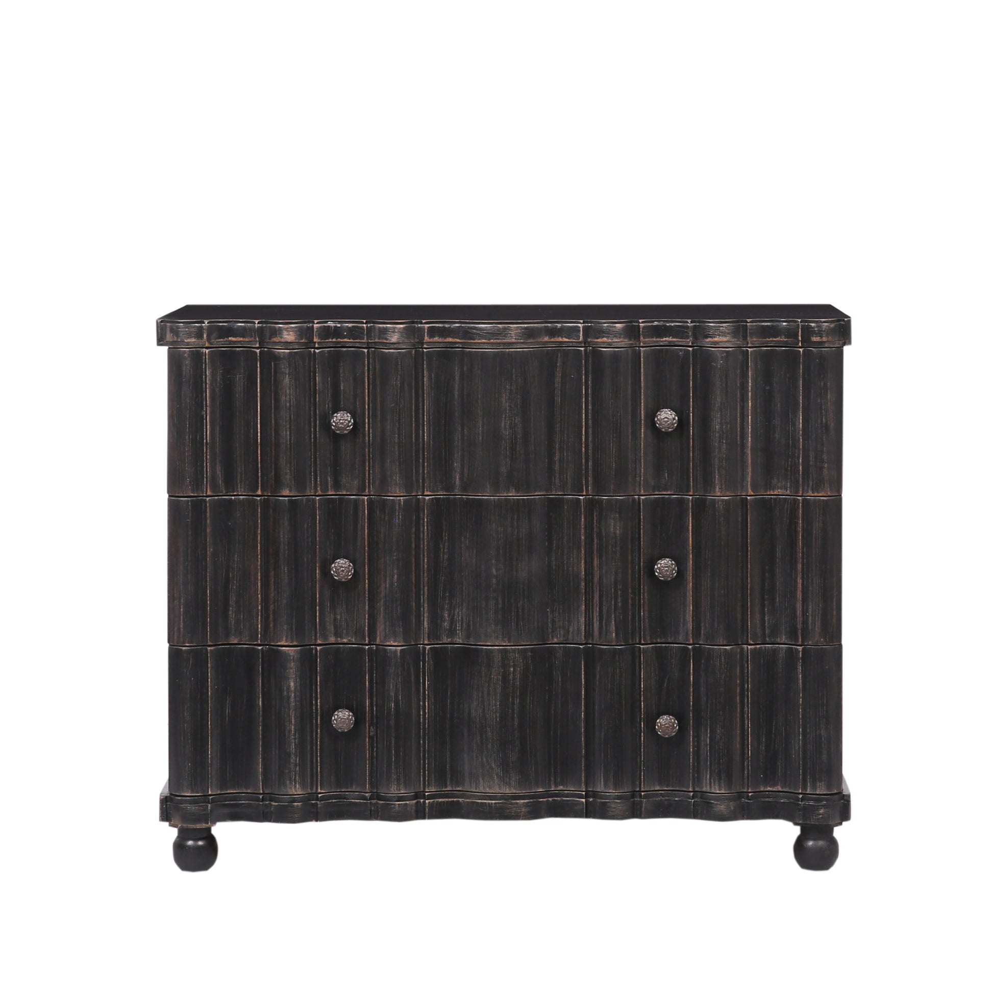 Black Mango Wood Distressed Scalloped 3 Drawer Room Chest with Vintage Knobs and Ball Feet