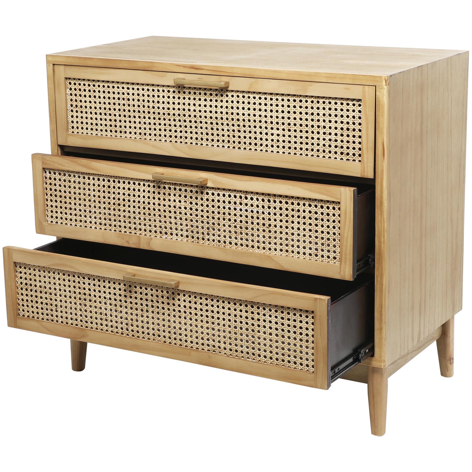 Wood 3 Drawer Room Chest with Beige Rattan Drawers and Gold Handles