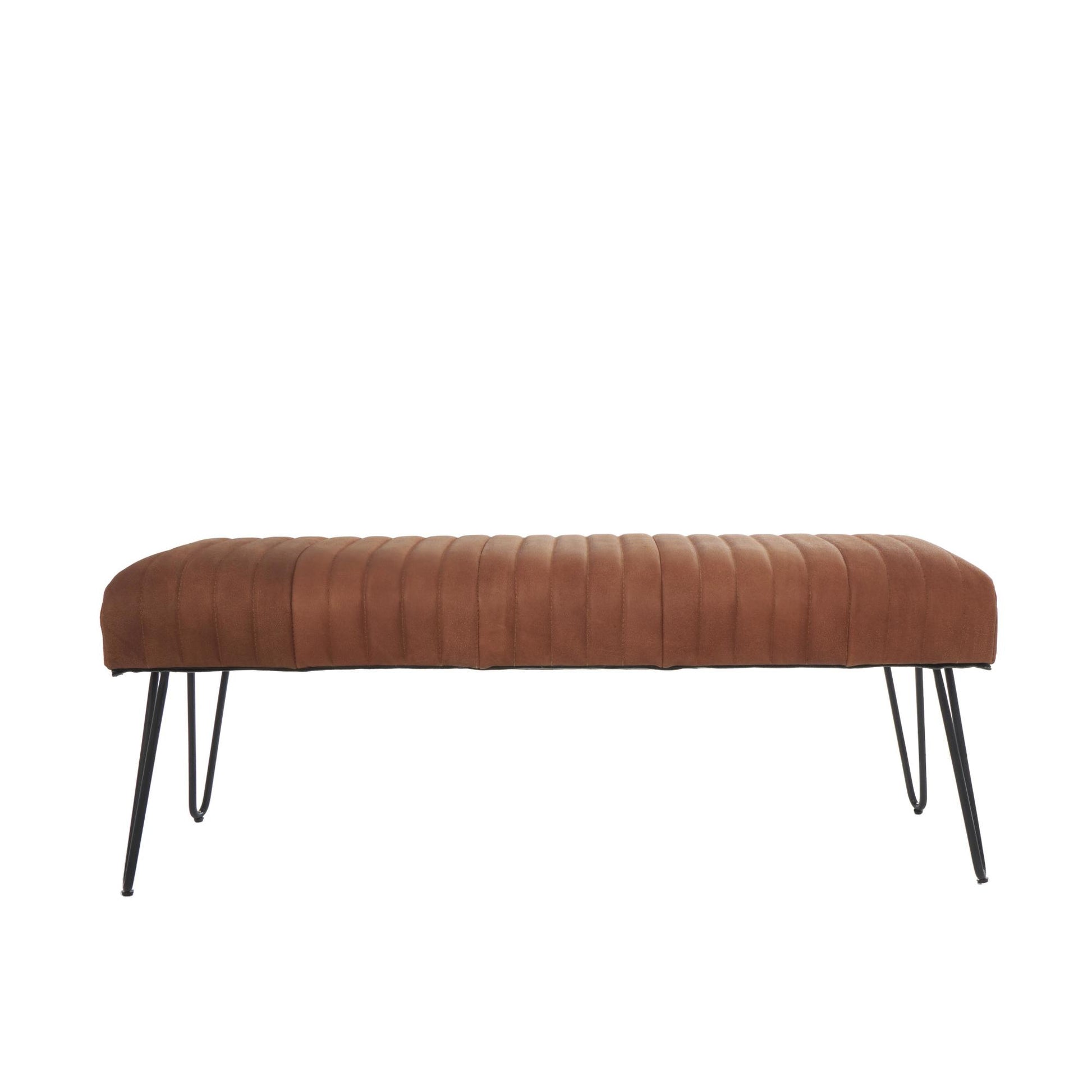 Leather Upholstered Home Bench with Linear Tufted Panels and Black Metal Hairpin Legs