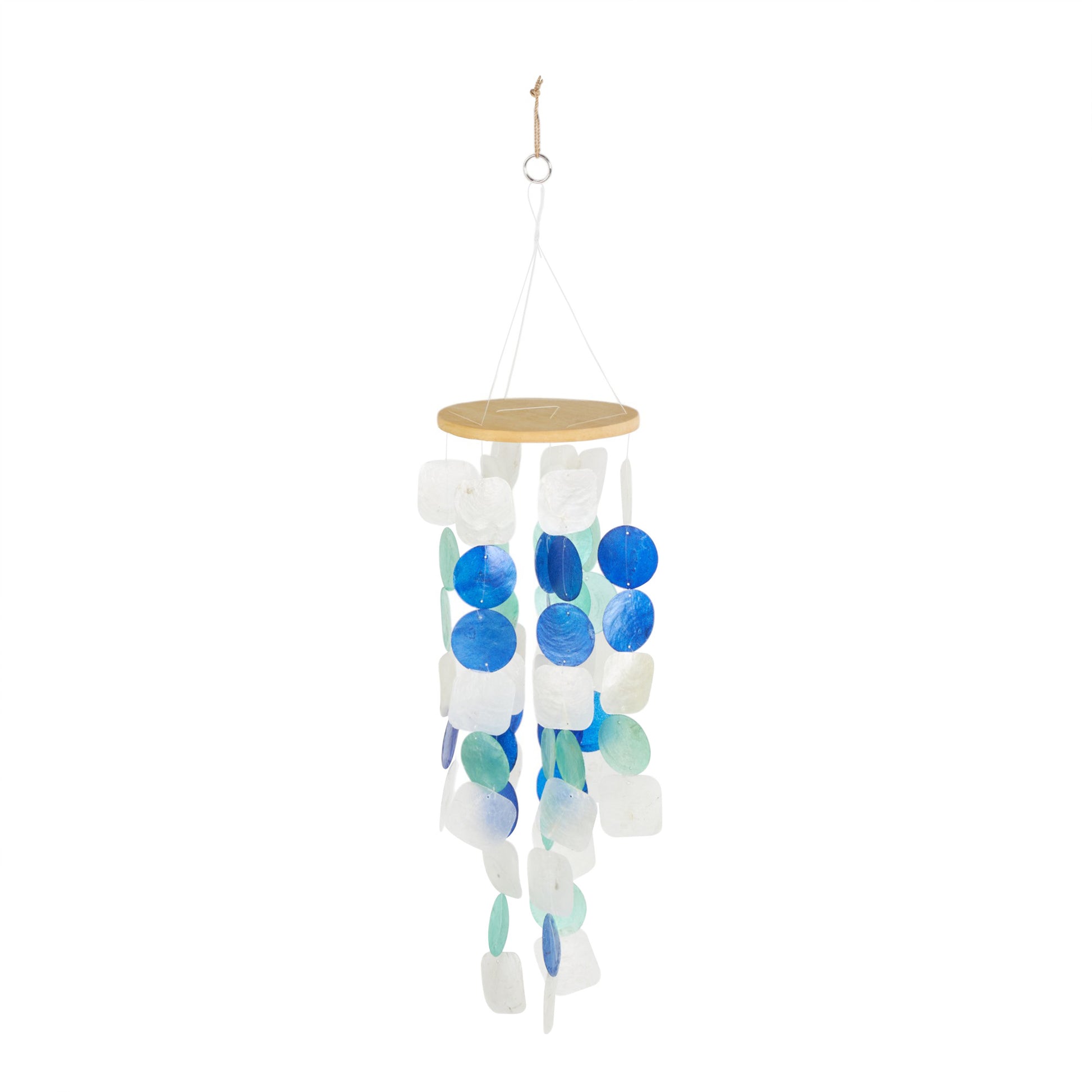 Geometric White Capiz Shell Waterfall Indoor Outdoor Windchime with Blue and Teal Accents