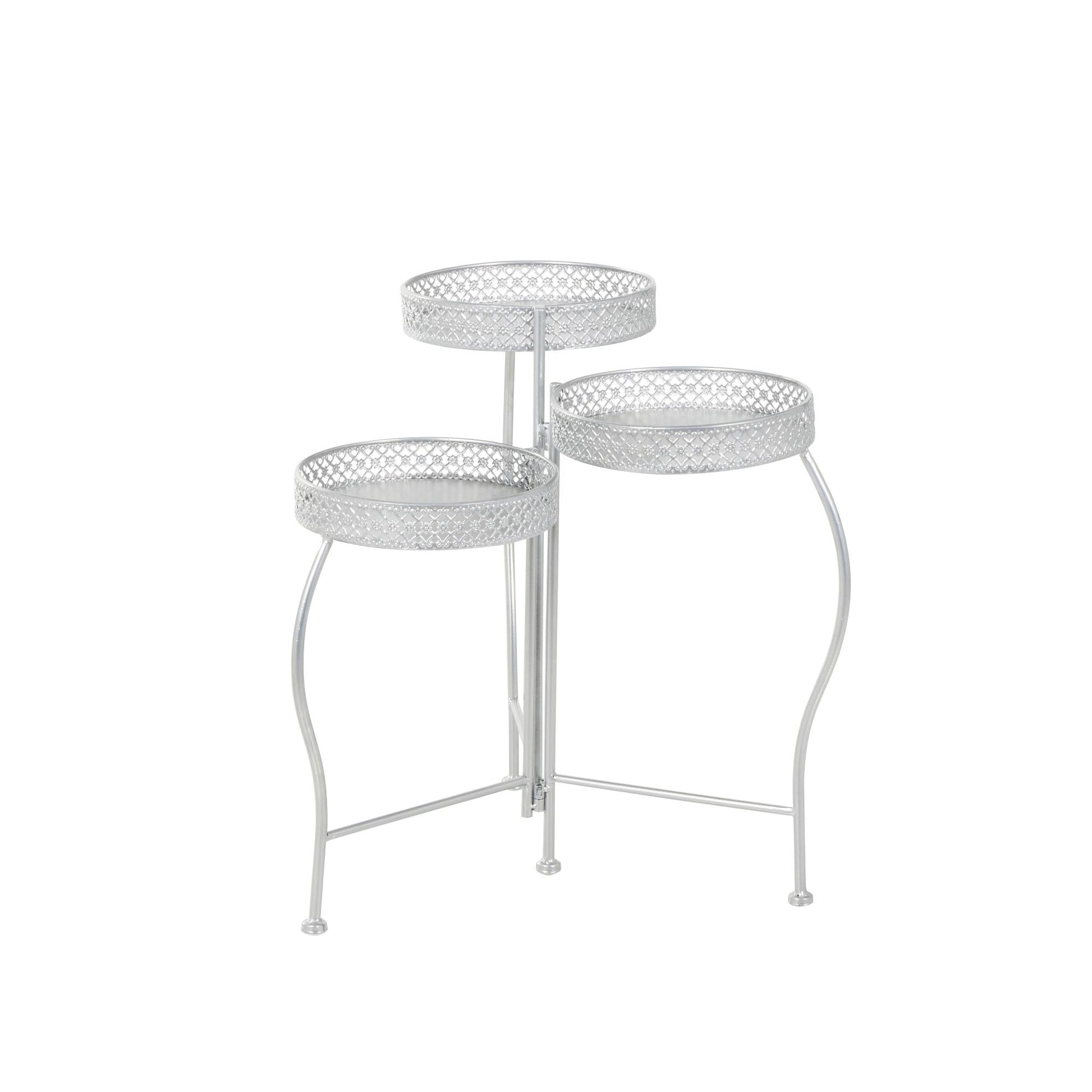 Metal Curved Folding 3 Tier Indoor Outdoor Plantstand with Floral and Scroll Patterns