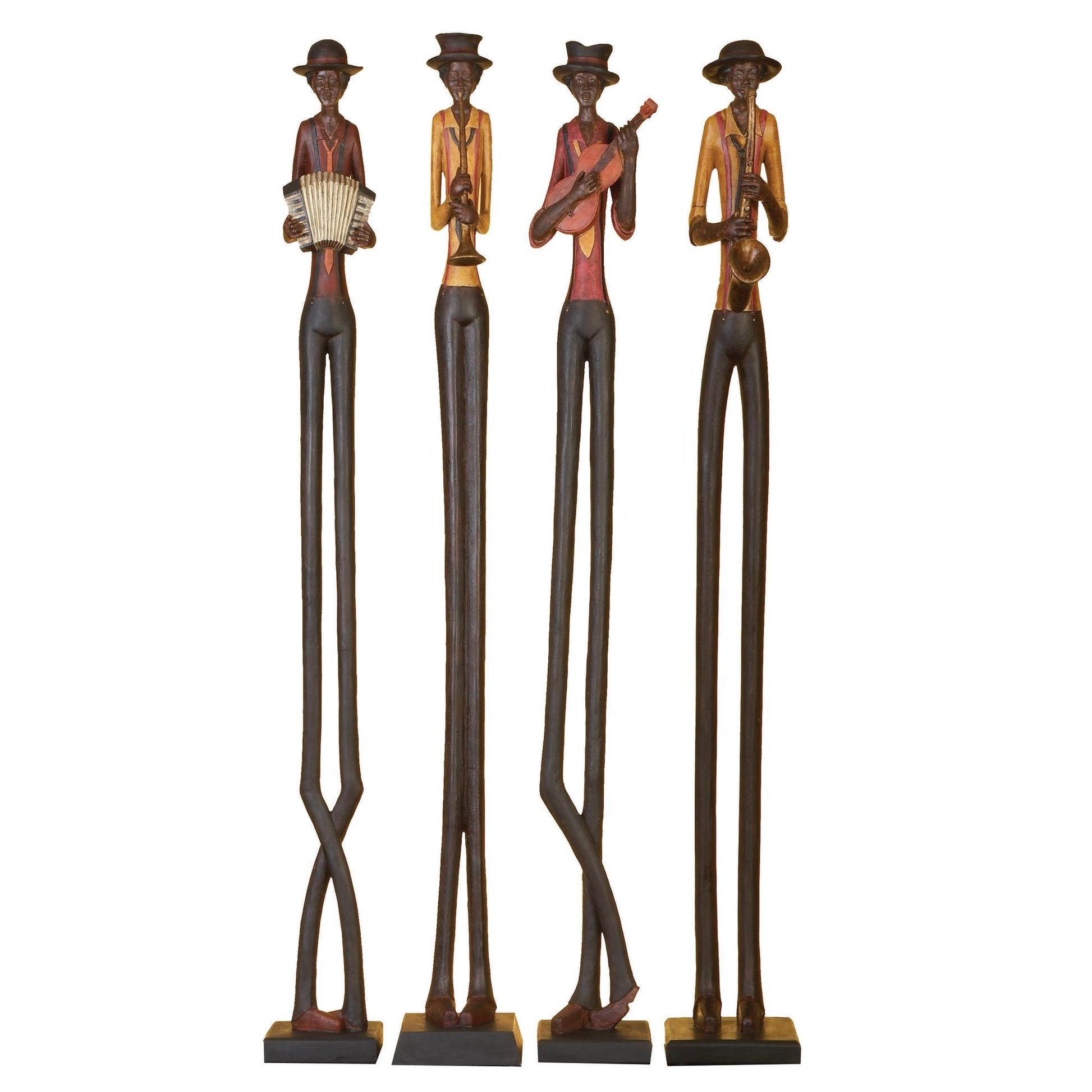 Set of 4 Musician Brown Polystone Tall Long Legged Jazz Band Decorative Sculpture with Black Base Stand