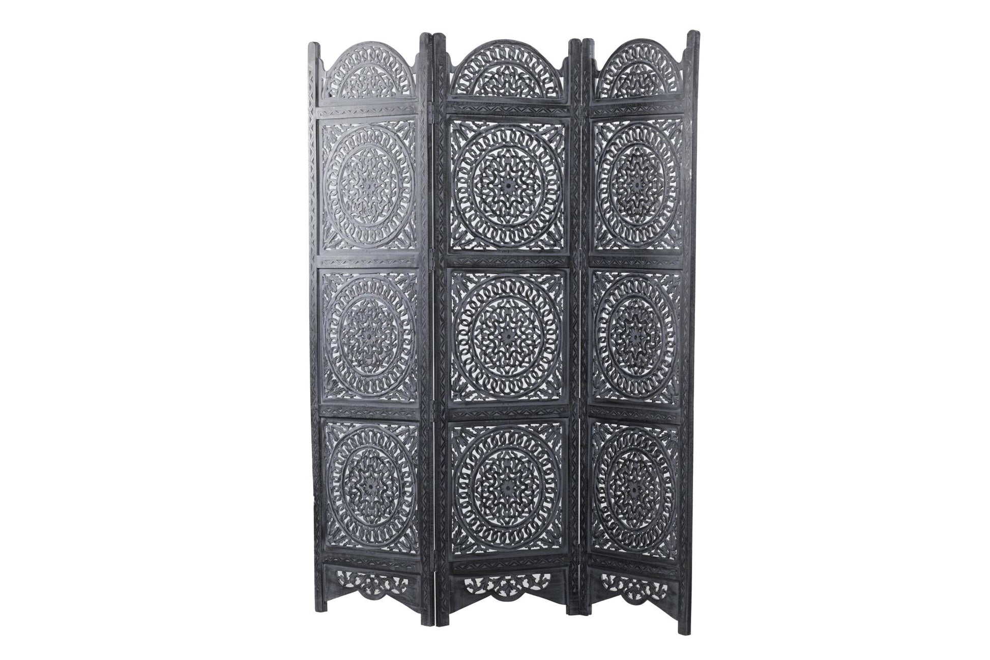 Floral Black Wood Handmade Foldable Partition 3 Panel Partition Room Divider Screen with Carved Designs
