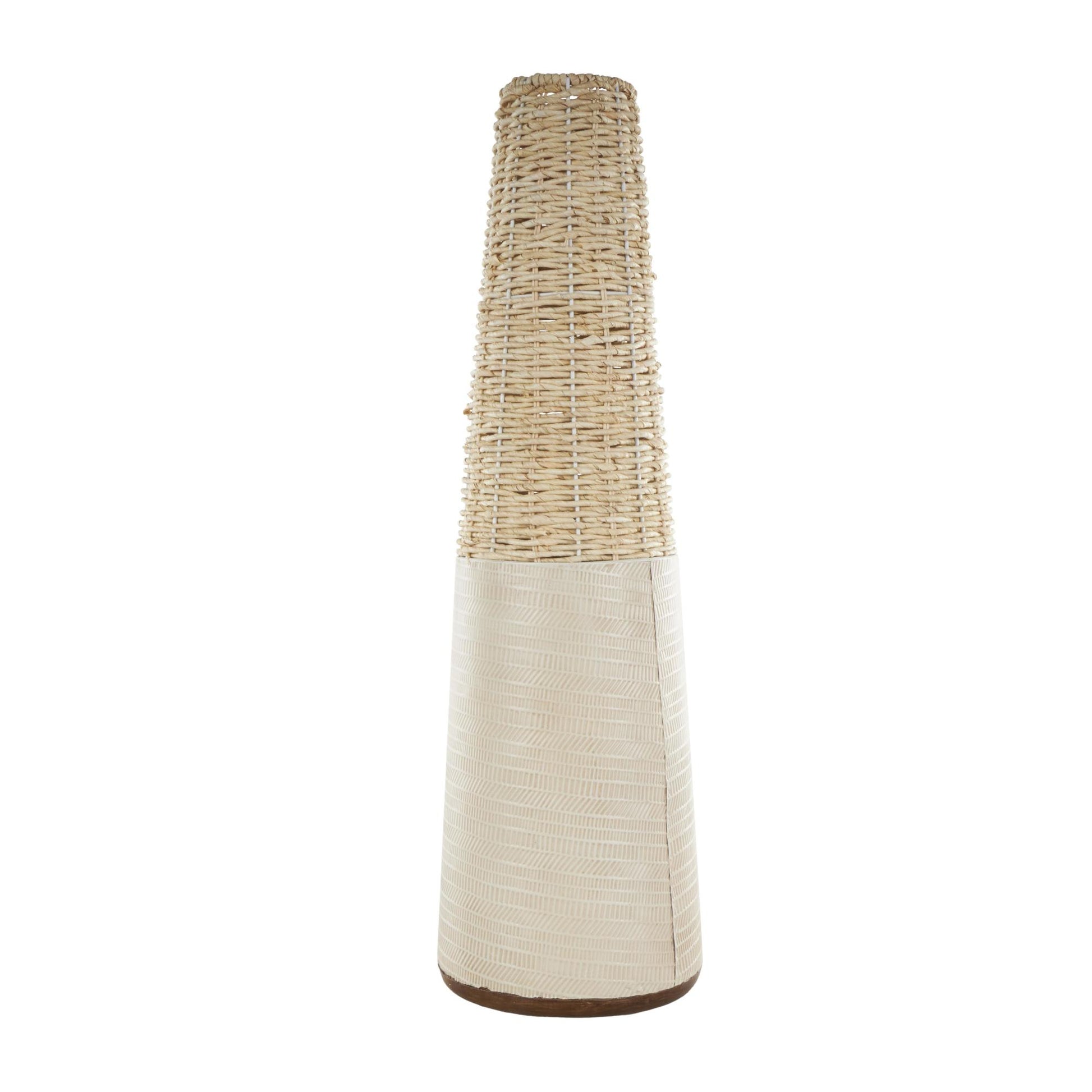 Geometric Light Brown Rattan Handmade Woven Decorative Vase with Beige Metal Base