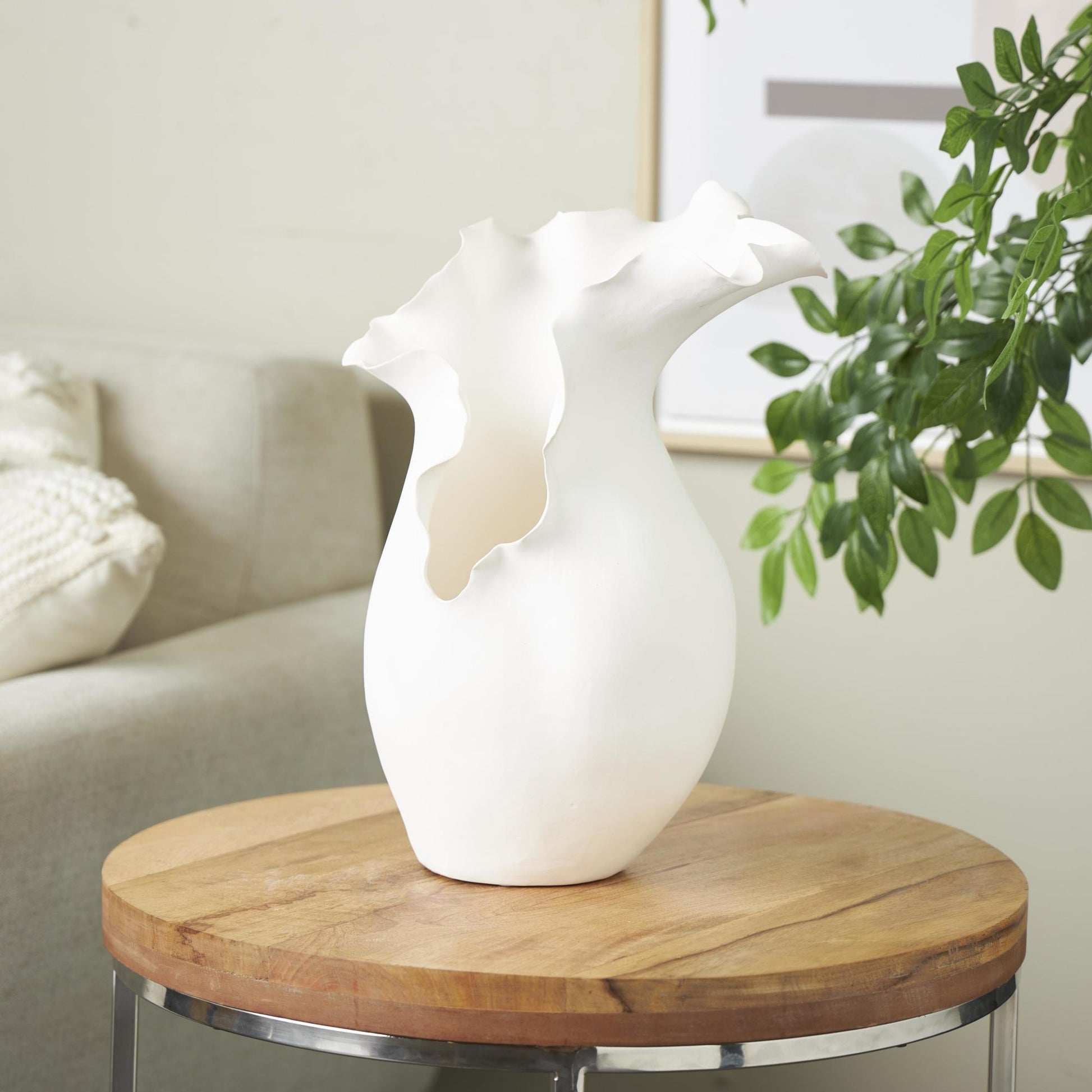 Abstract Ceramic Floral Inspired Decorative Vase with Wavy Folded Rim