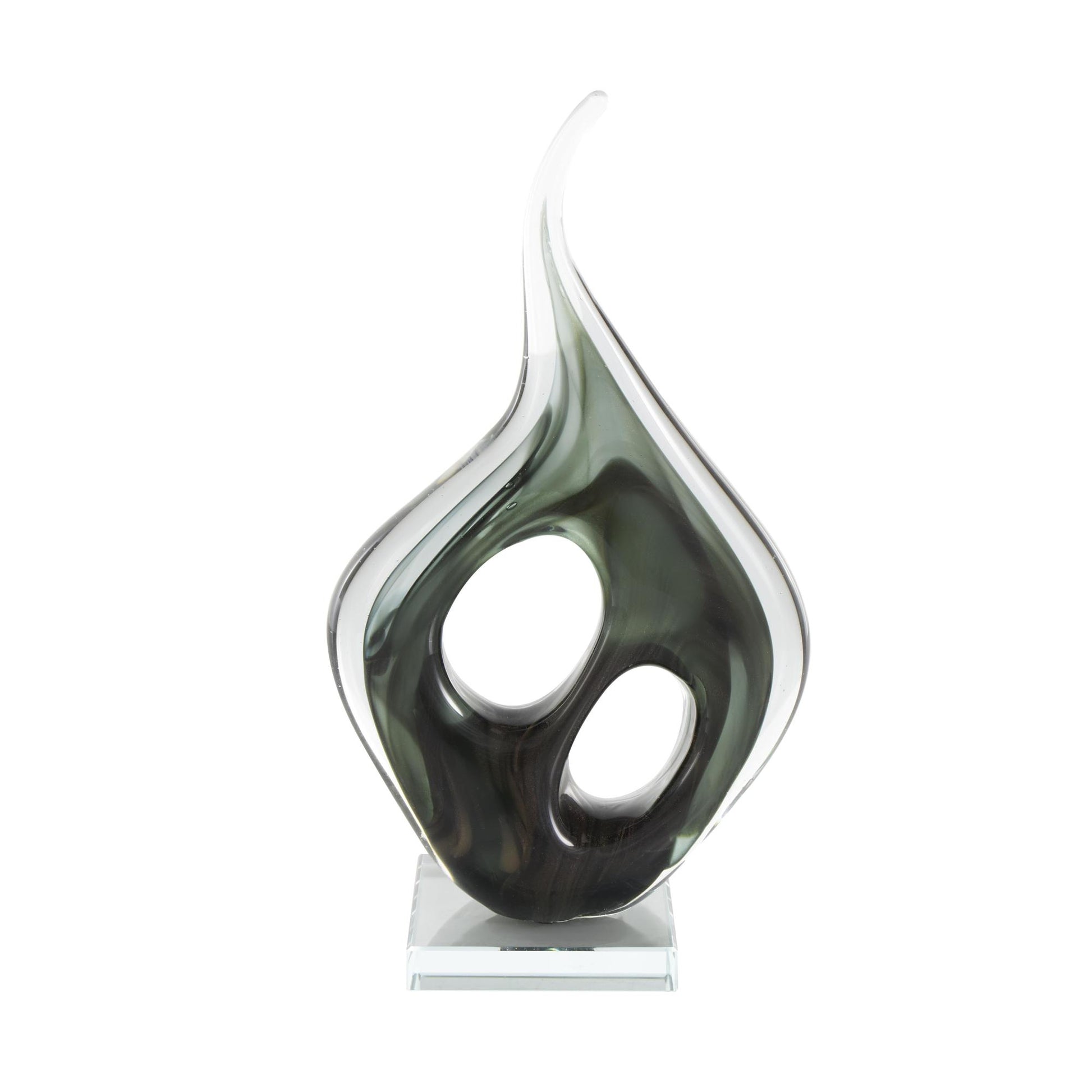 Abstract Green Glass Curved Cutout Decorative Sculpture with Swirl Patterns