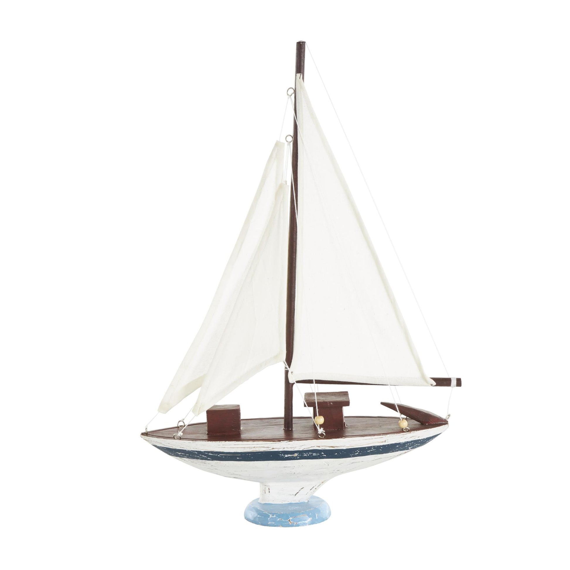 Sail Boat White Wood Distressed Decorative Sculpture with Brown Wood and Beaded Accents