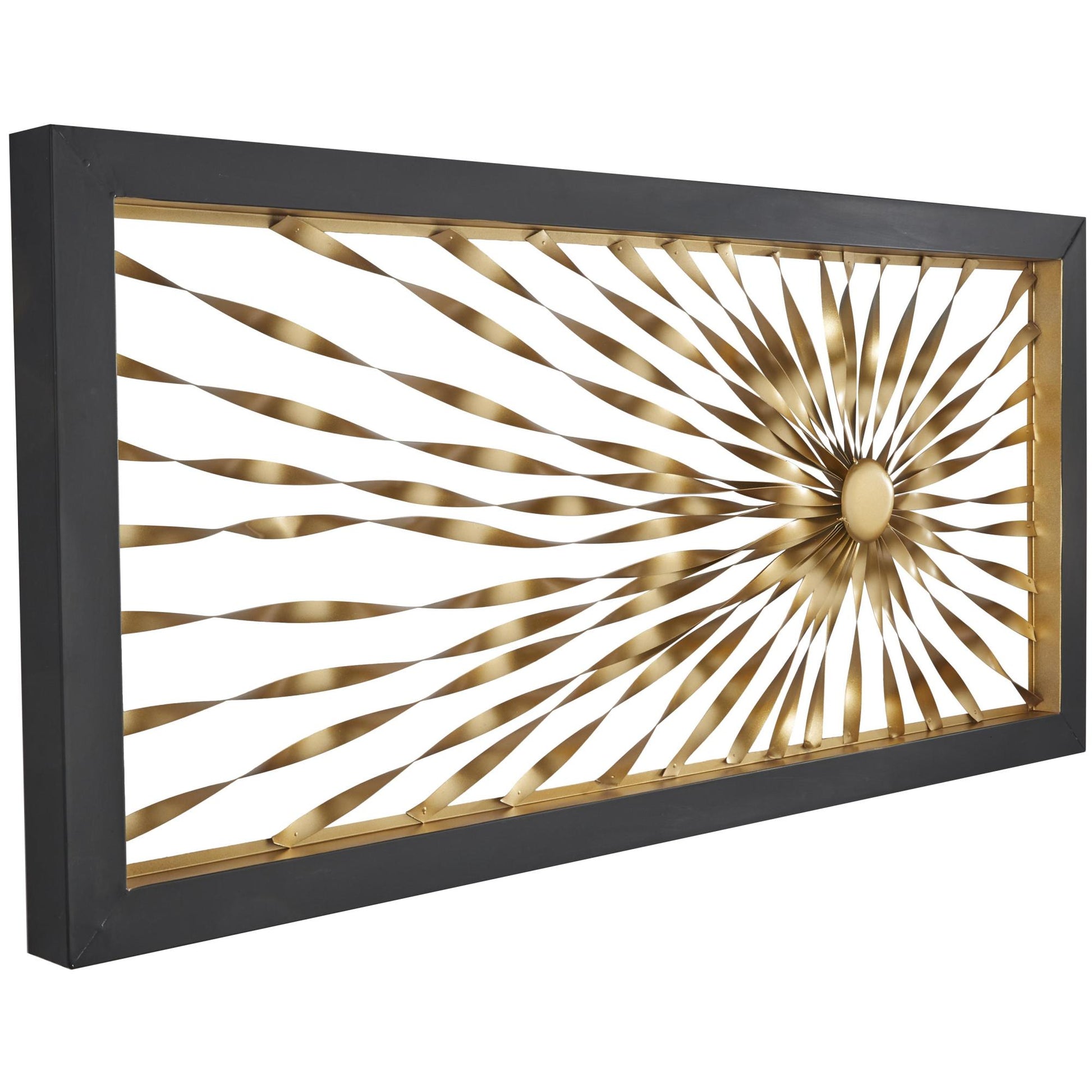 Sunburst Gold Metal Coiled Ribbon Home Wall Decor with Black Frame