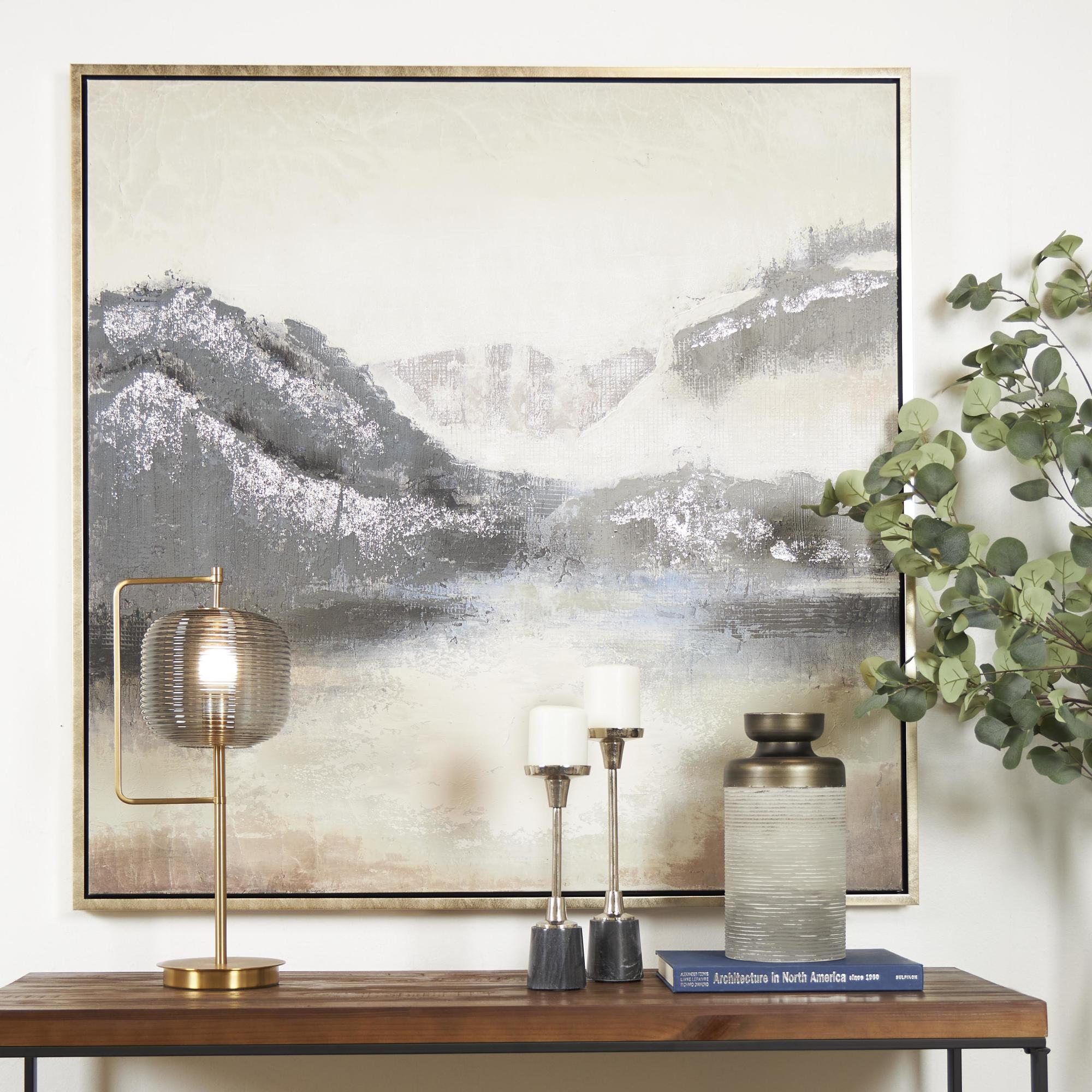 Landscape Blue Canvas Lake and Mountain Living Room Framed Wall Art with Silver Foil Accents