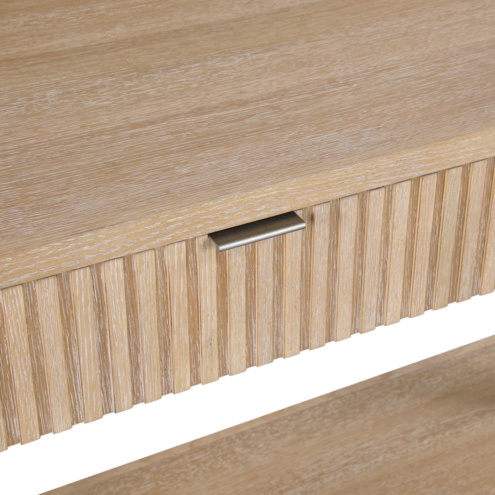 Light Brown Wooden Slatted 2 Drawer Living Room Console Table with Natural Wood Grains and Silver Handles