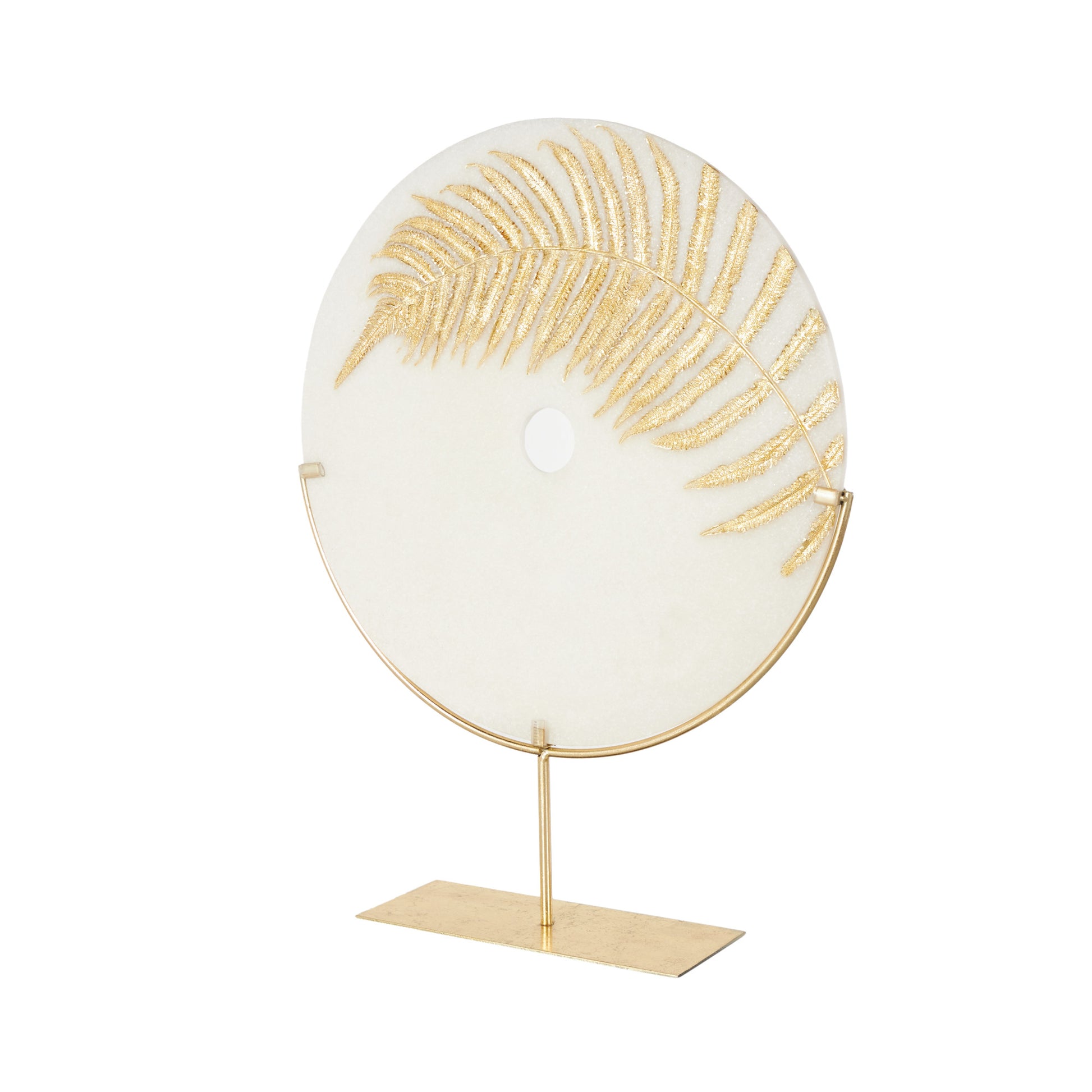 Leaf White Polystone Cutout Round Disk Decorative Sculpture with Gold Stand