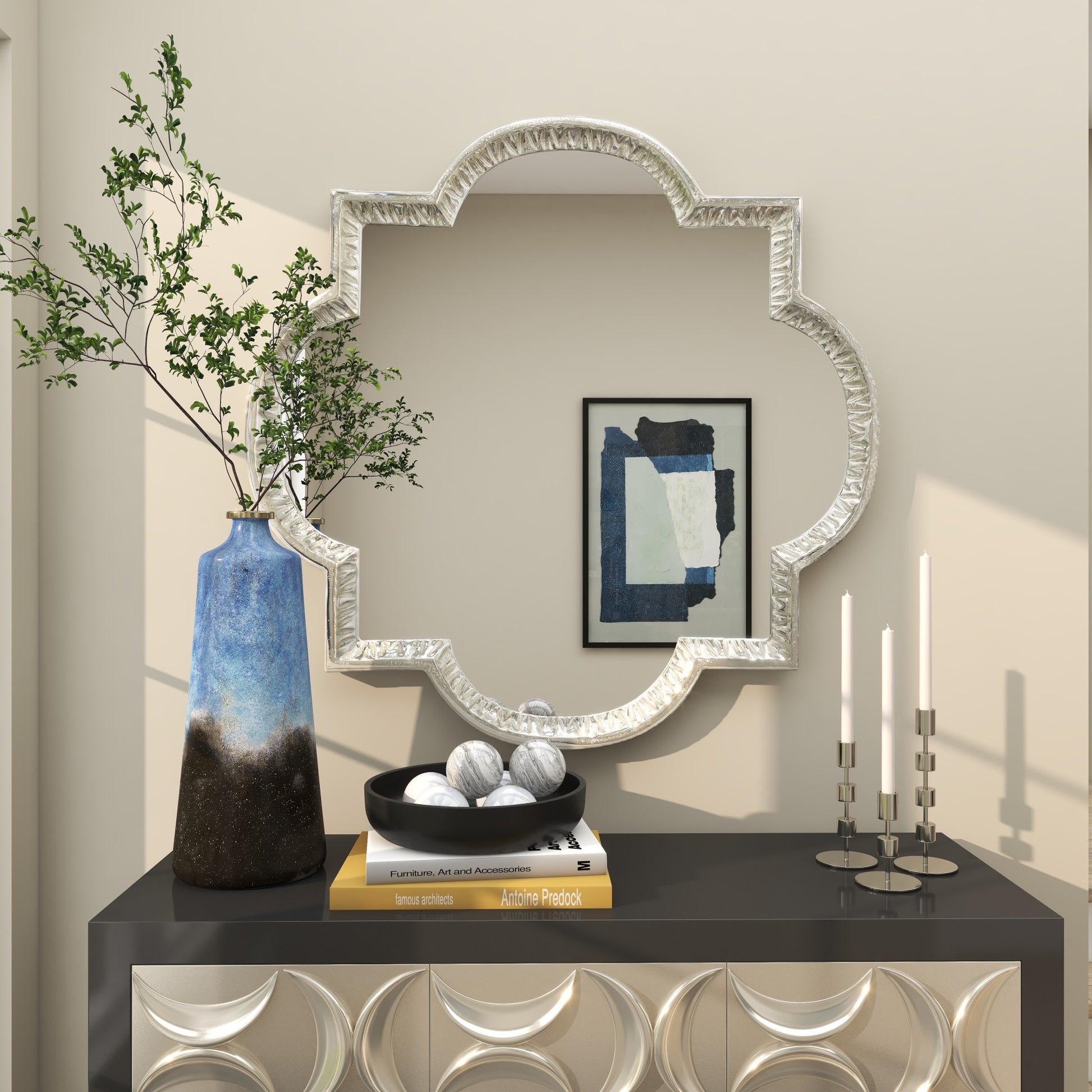 Gray Aluminum Metal Quatrefoil Engraved Room Wall Mirror