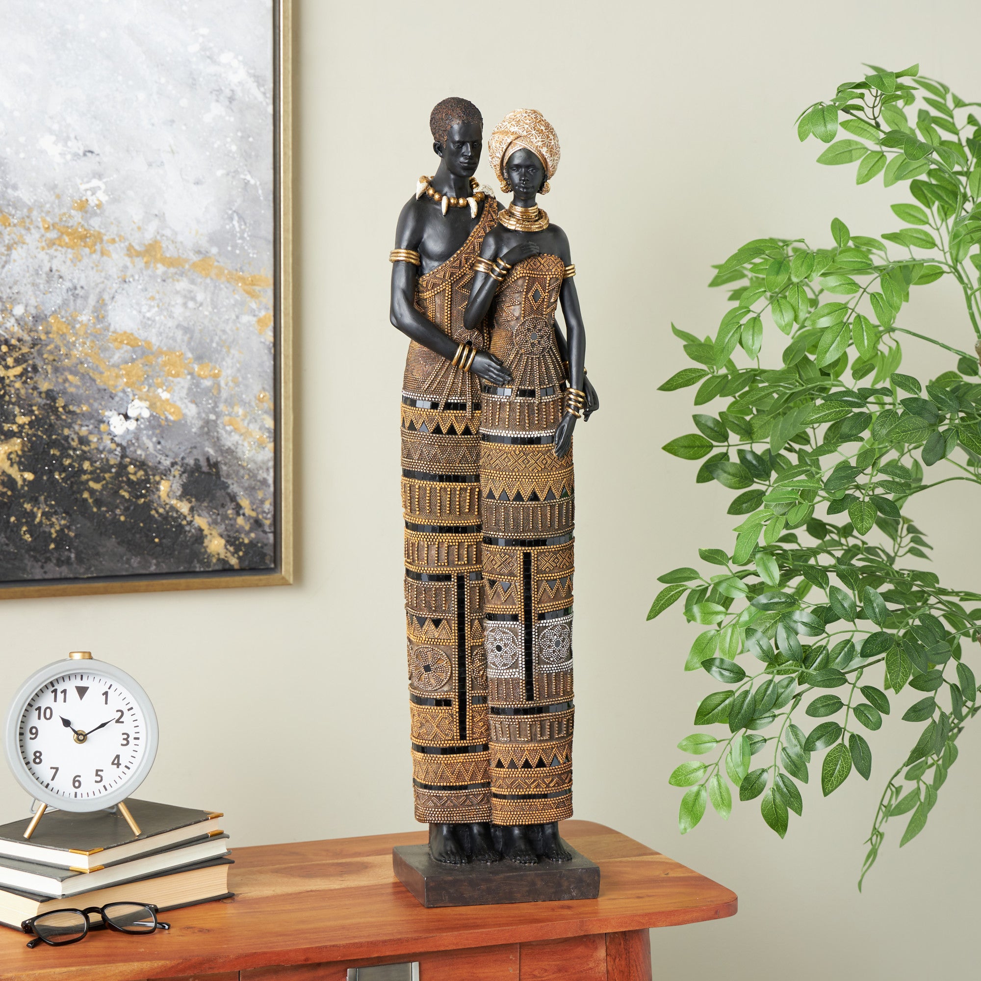 Family Black Resin Tall African Decorative Sculpture with Gold Jewels
