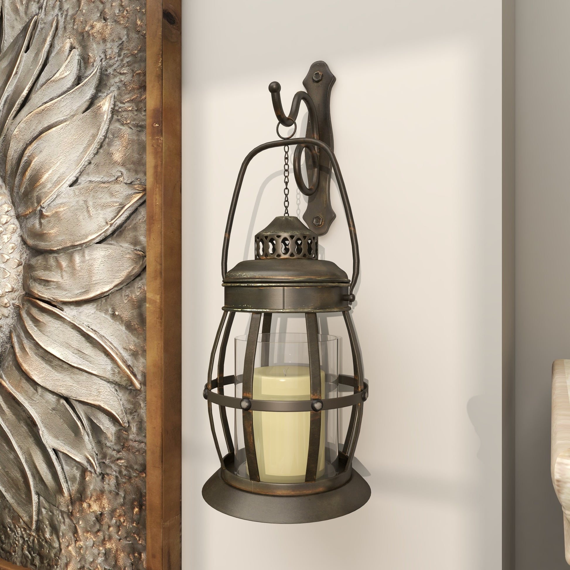 Brown Metal Suspended Pillar Lantern Indoor Outdoor Wall Sconce