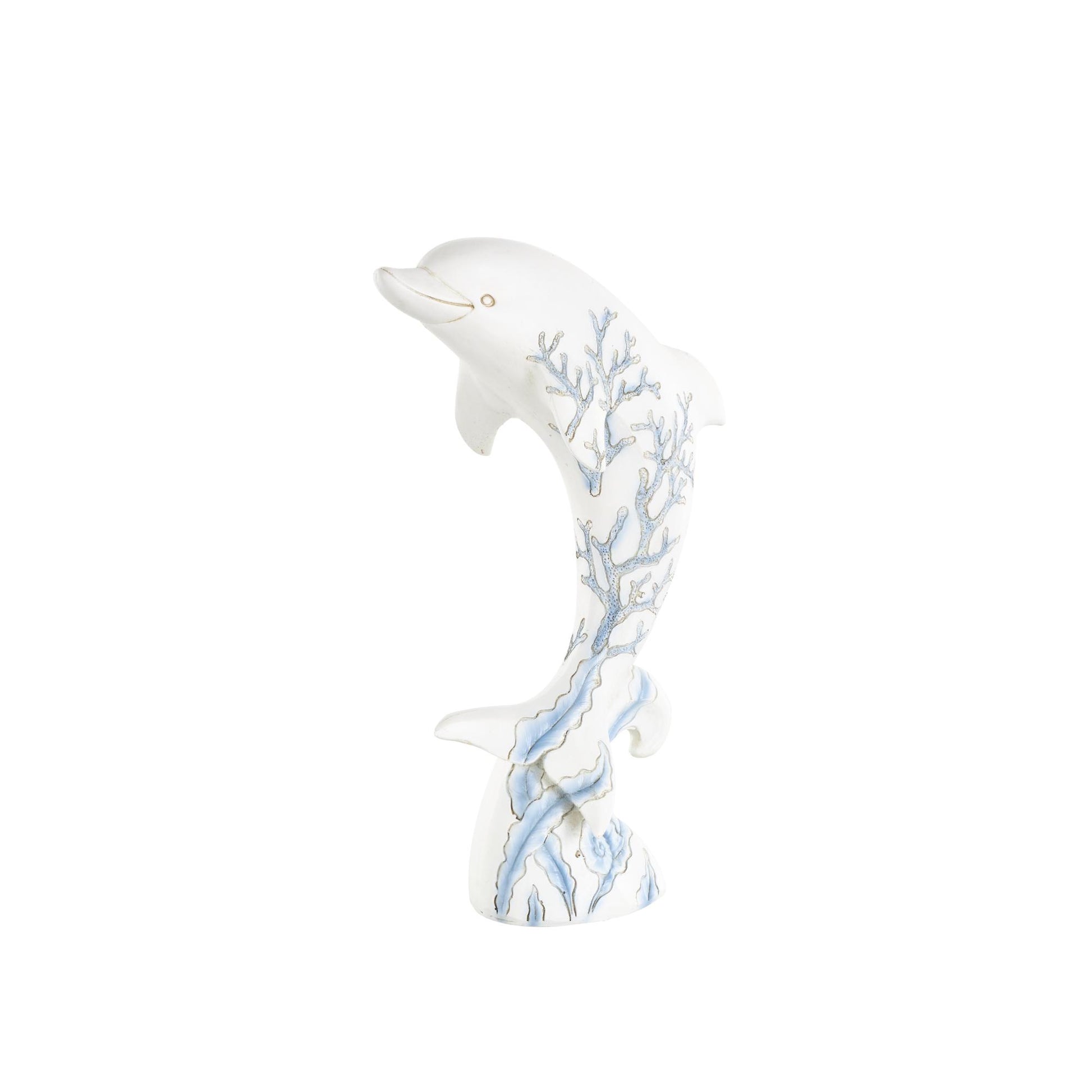 Dolphin White Polystone Curved Decorative Sculpture with Blue Coral Patterns