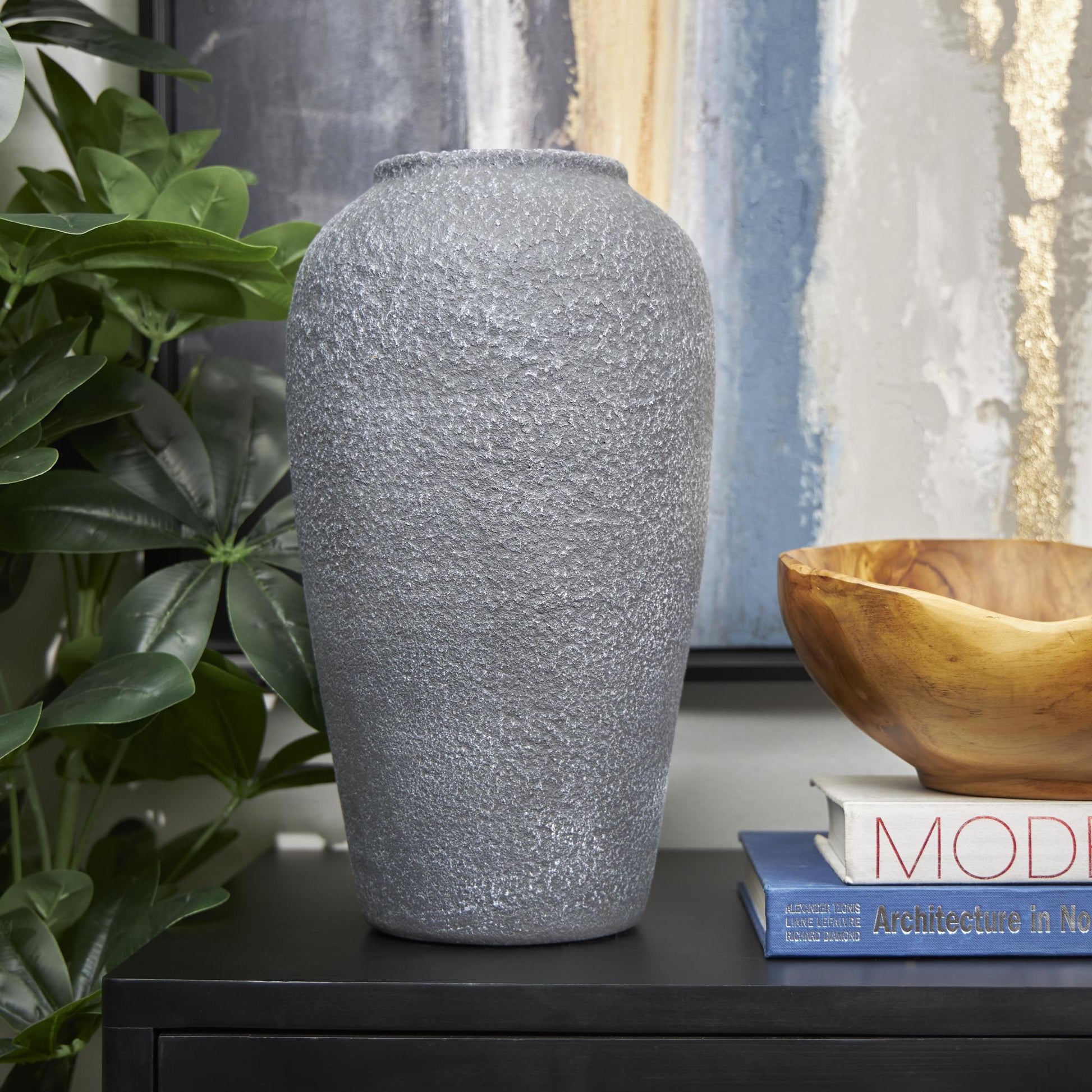 Black Ceramic Whitewashed Textured Decorative Vase