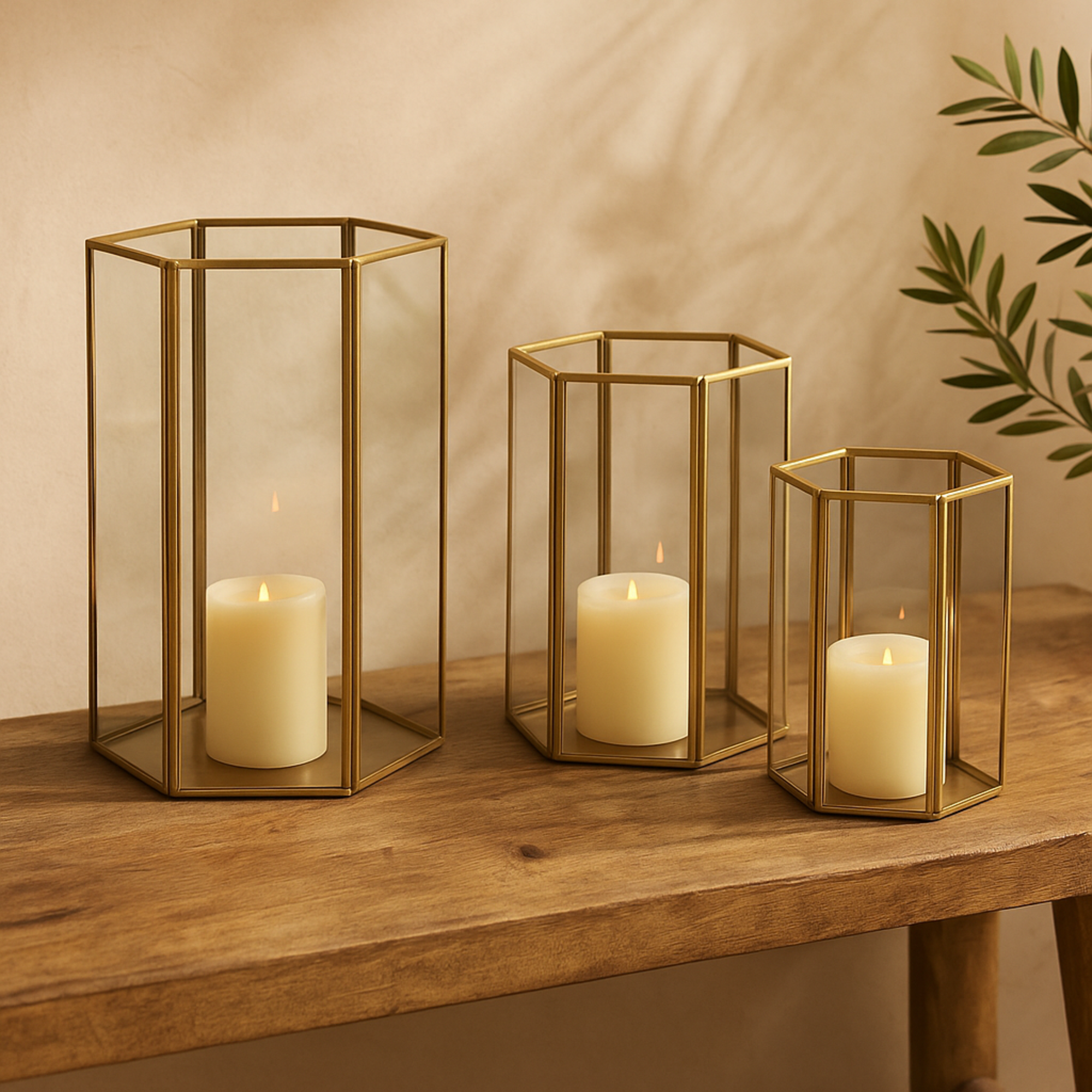 CosmoLiving by Cosmopolitan Set of 3 Gold Glass Decorative Indoor Outdoor Candle Lantern with Metal Plate