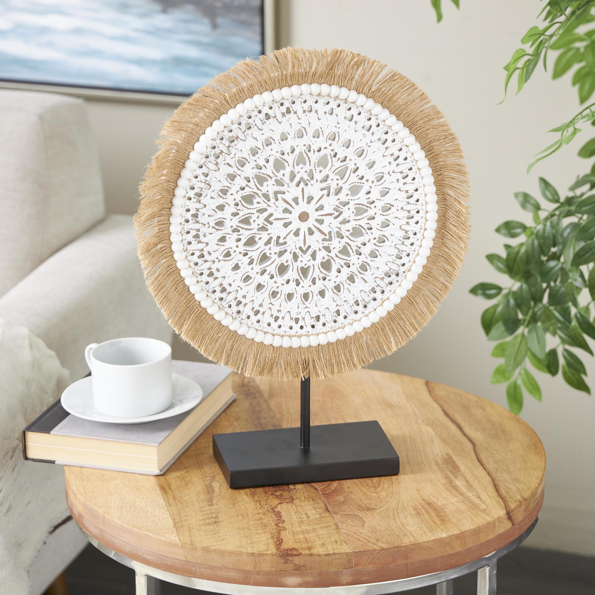 Tribal Wooden Handmade Seagrass Fringed Decorative Sculpture with Black Base