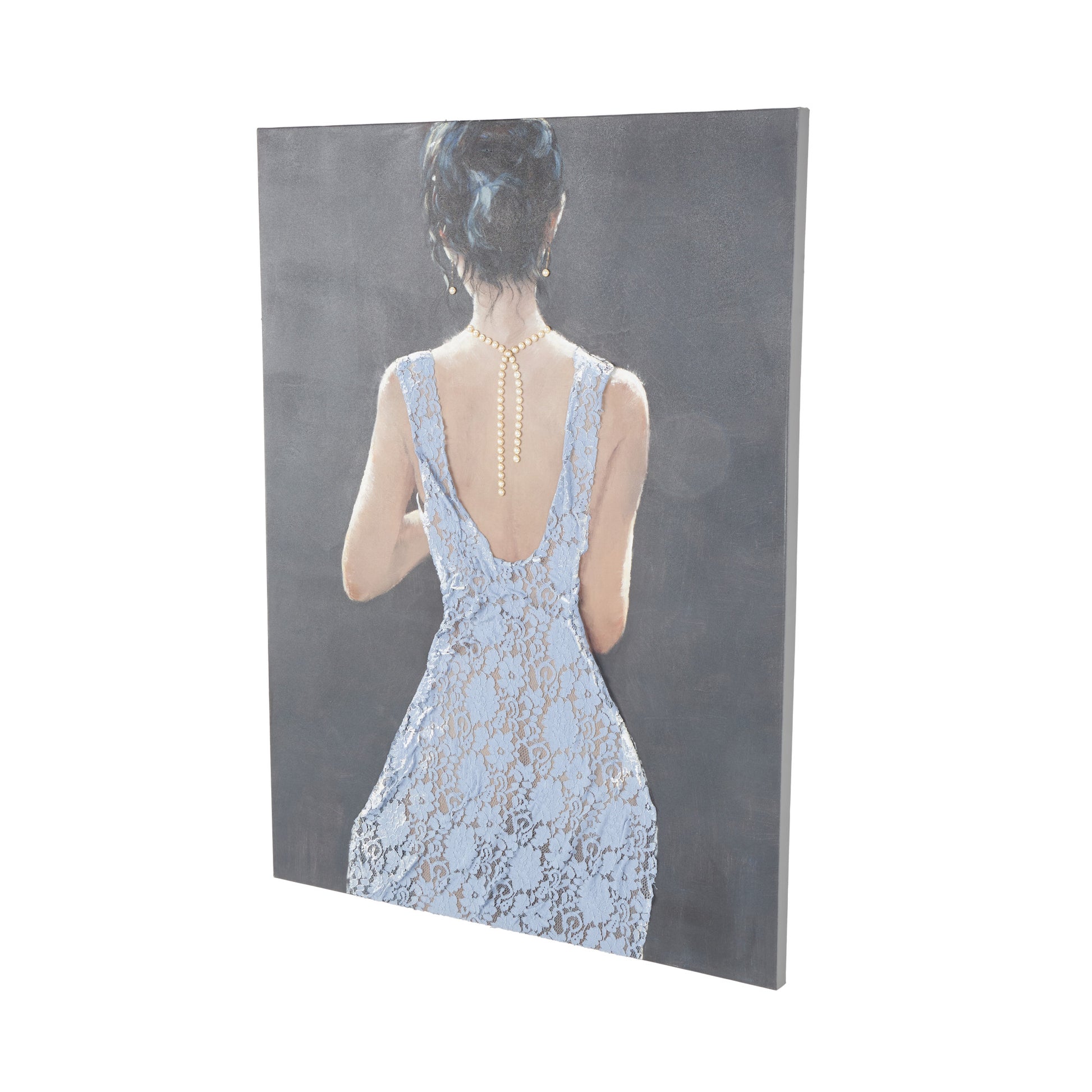 Woman Multi Colored Canvas Living Room Framed Wall Art with 3D Blue Fabric Dress and Gold Jewels