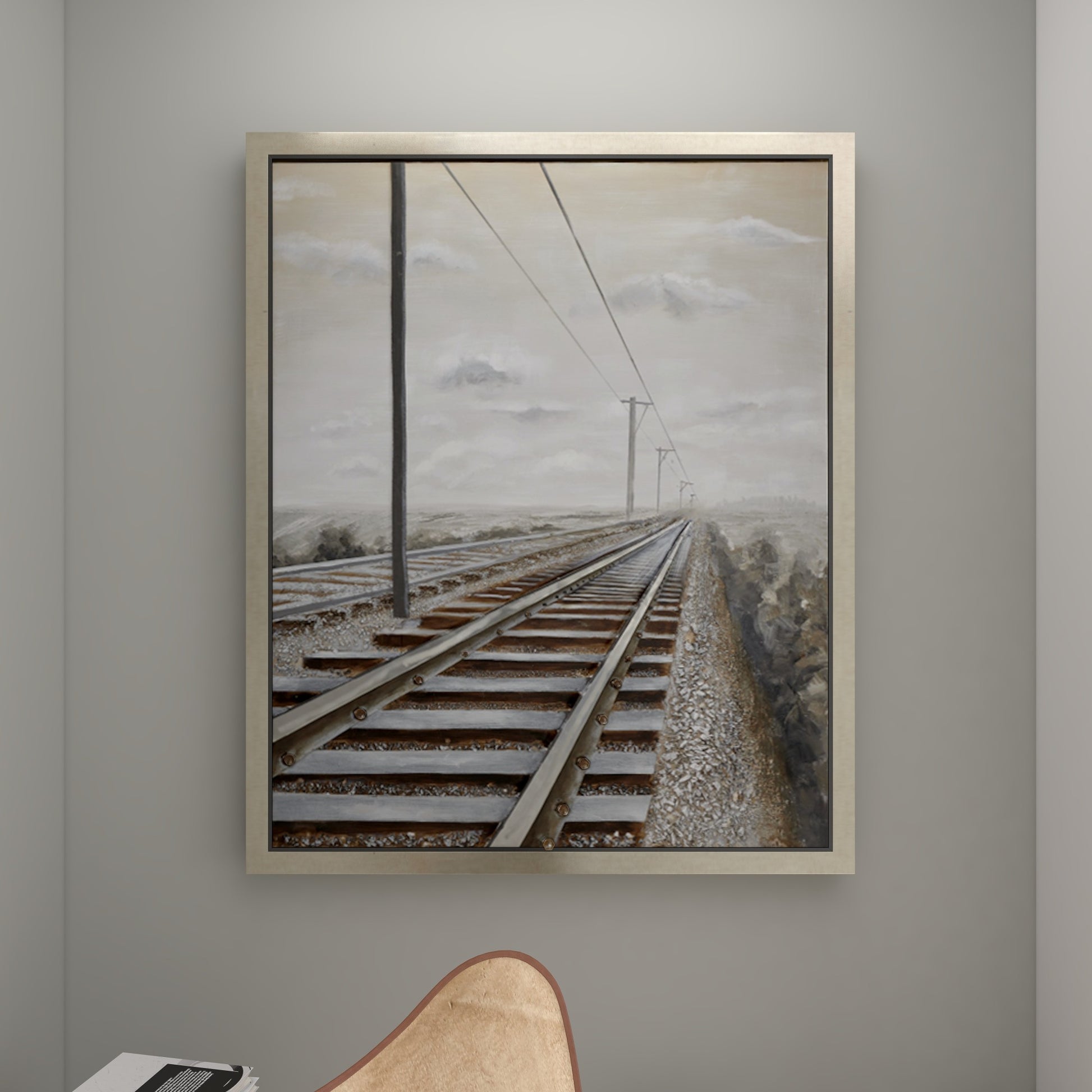 Landscape Gray Canvas Railroad Track Living Room Framed Wall Art with Silver Frame
