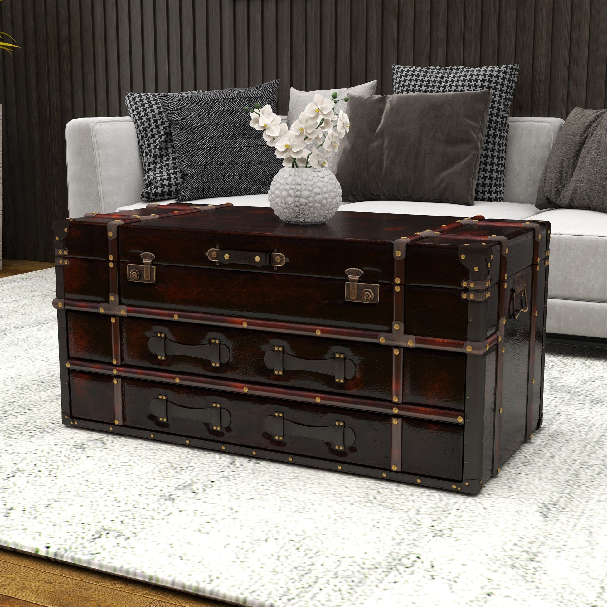 Faux Leather Vintage 2 Drawer Living Room Coffee Table with Buckle Hinged Top