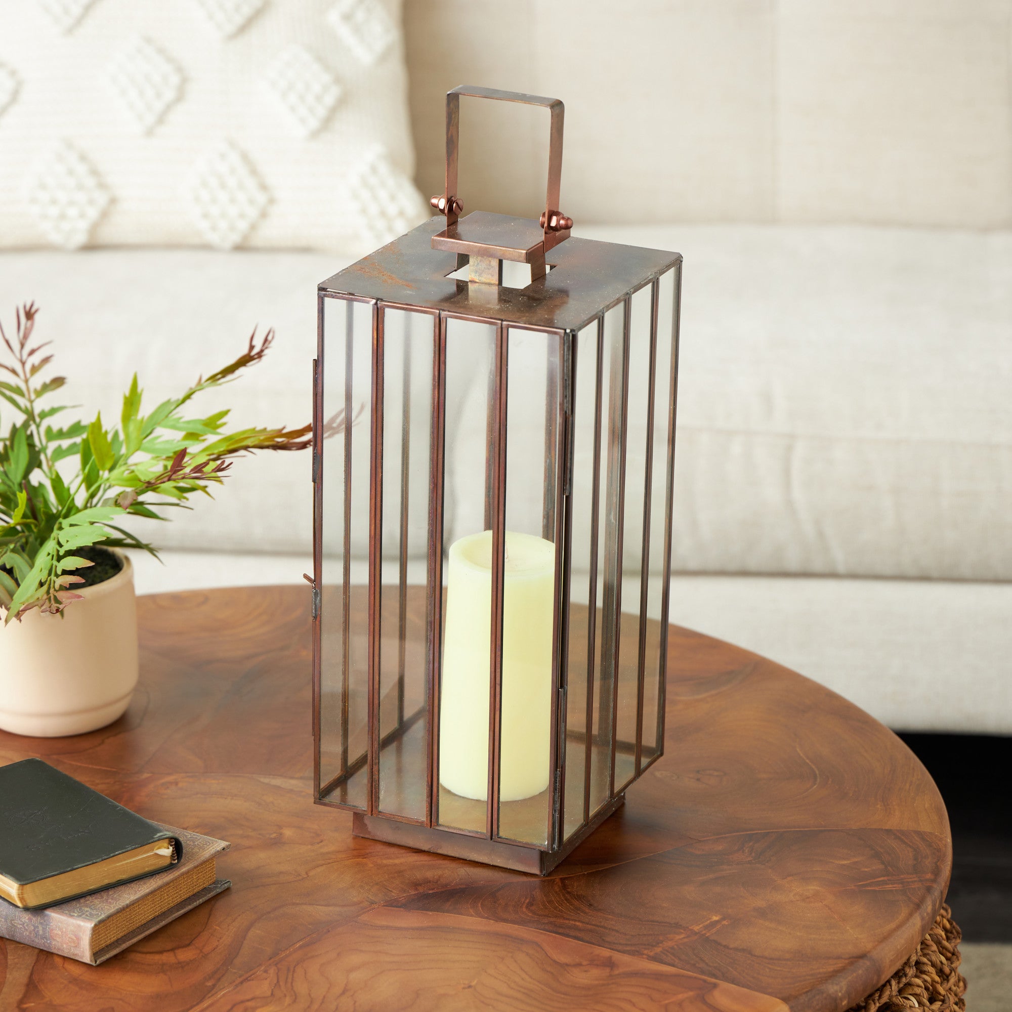 Copper Metal Indoor Outdoor Candle Lantern with Handle and Elevated Base