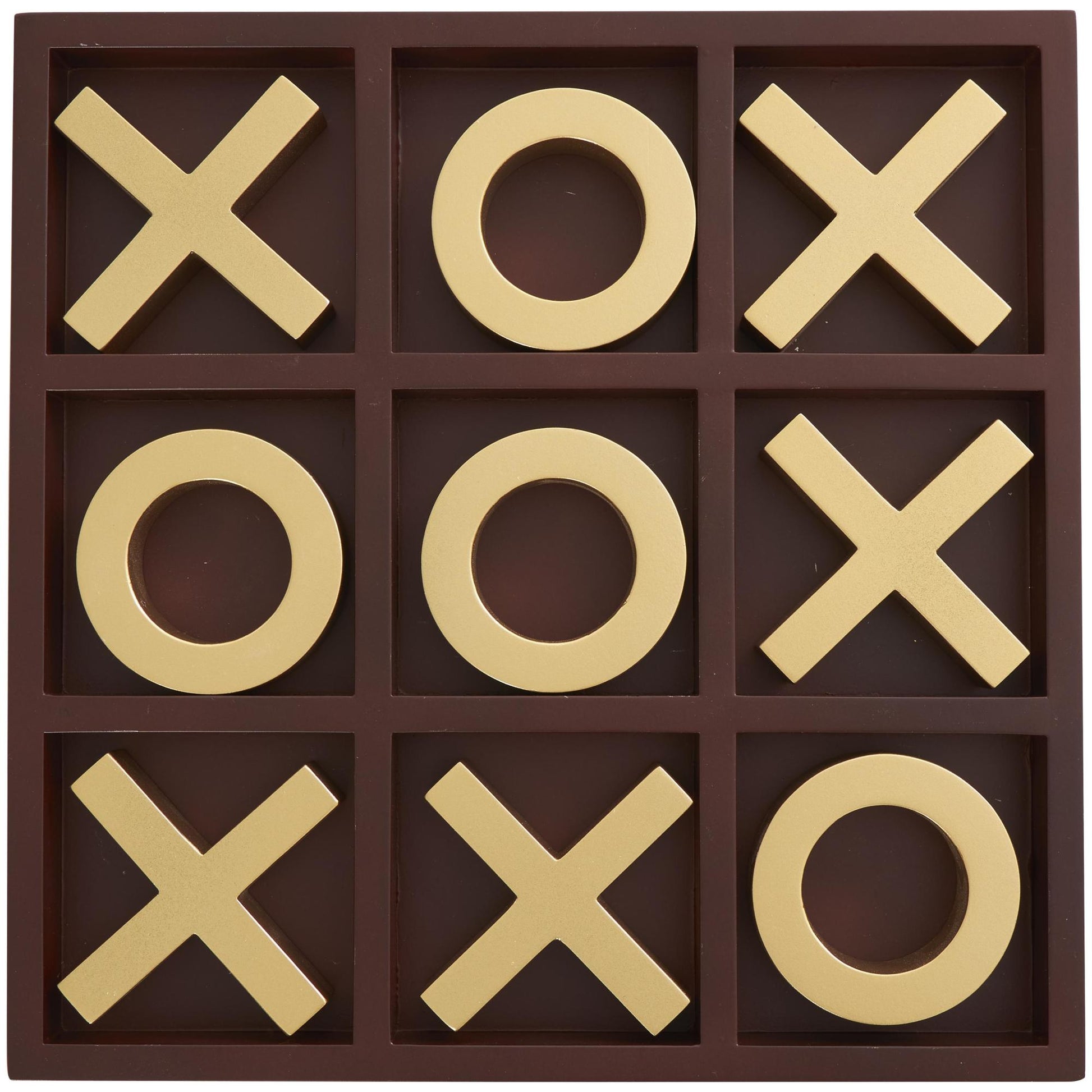 Tic Tac Toe Brown Wooden Home Decor Game Set with Gold X and O Pieces