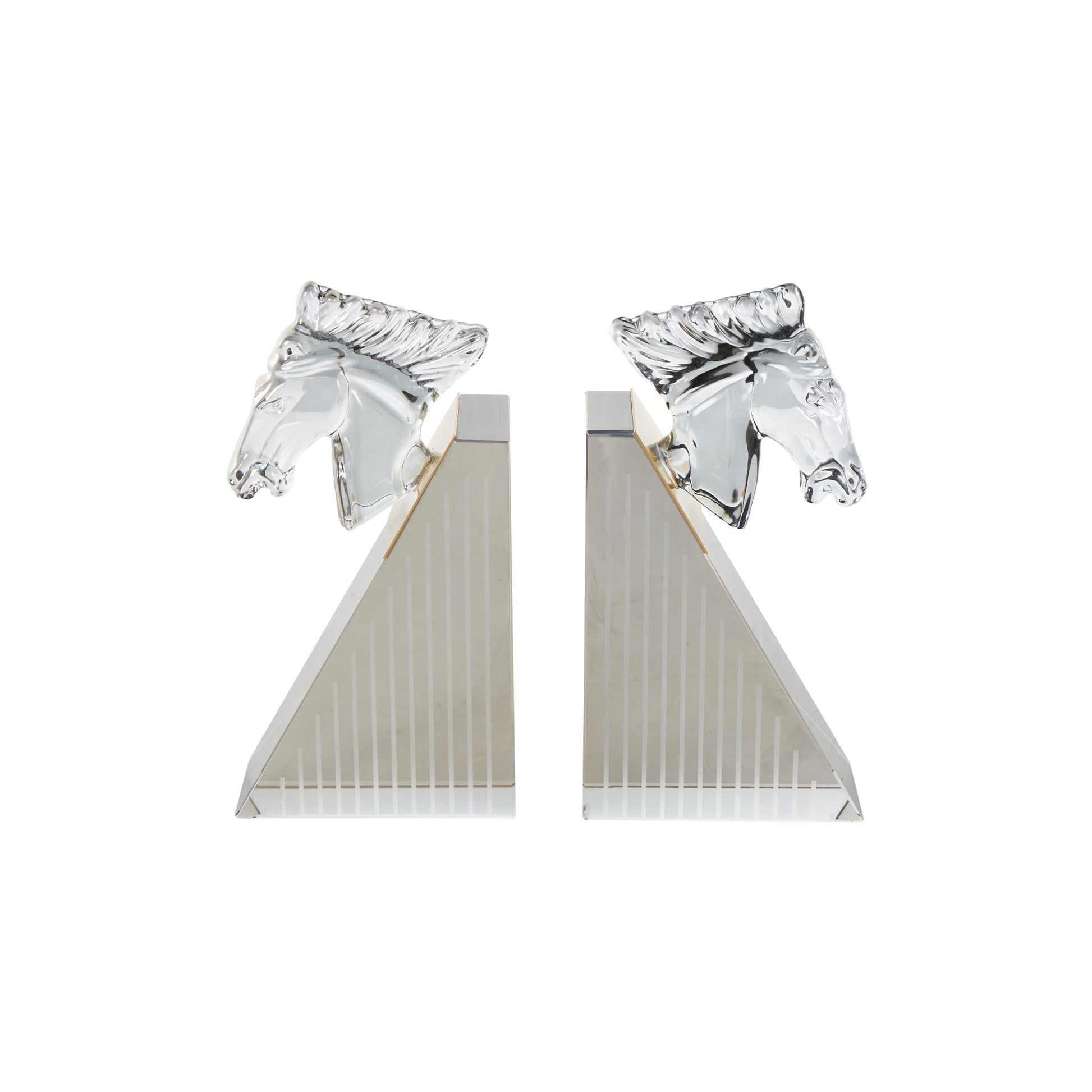 Set of 2 Horse Clear Glass Head Decorative Bookends with Pyramid Bases
