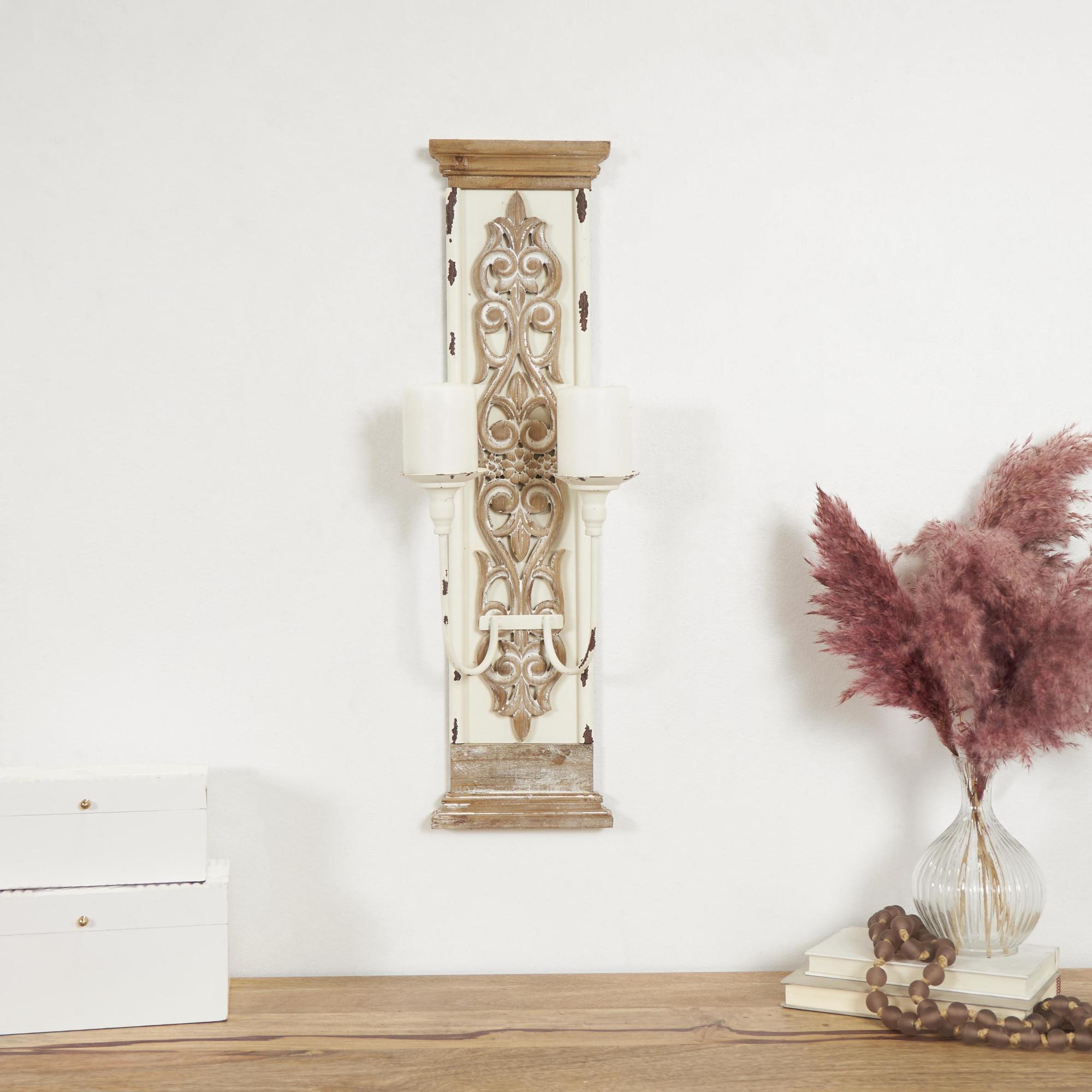 Scroll Brown Wood Pillar 2 Plate Indoor Outdoor Wall Sconce
