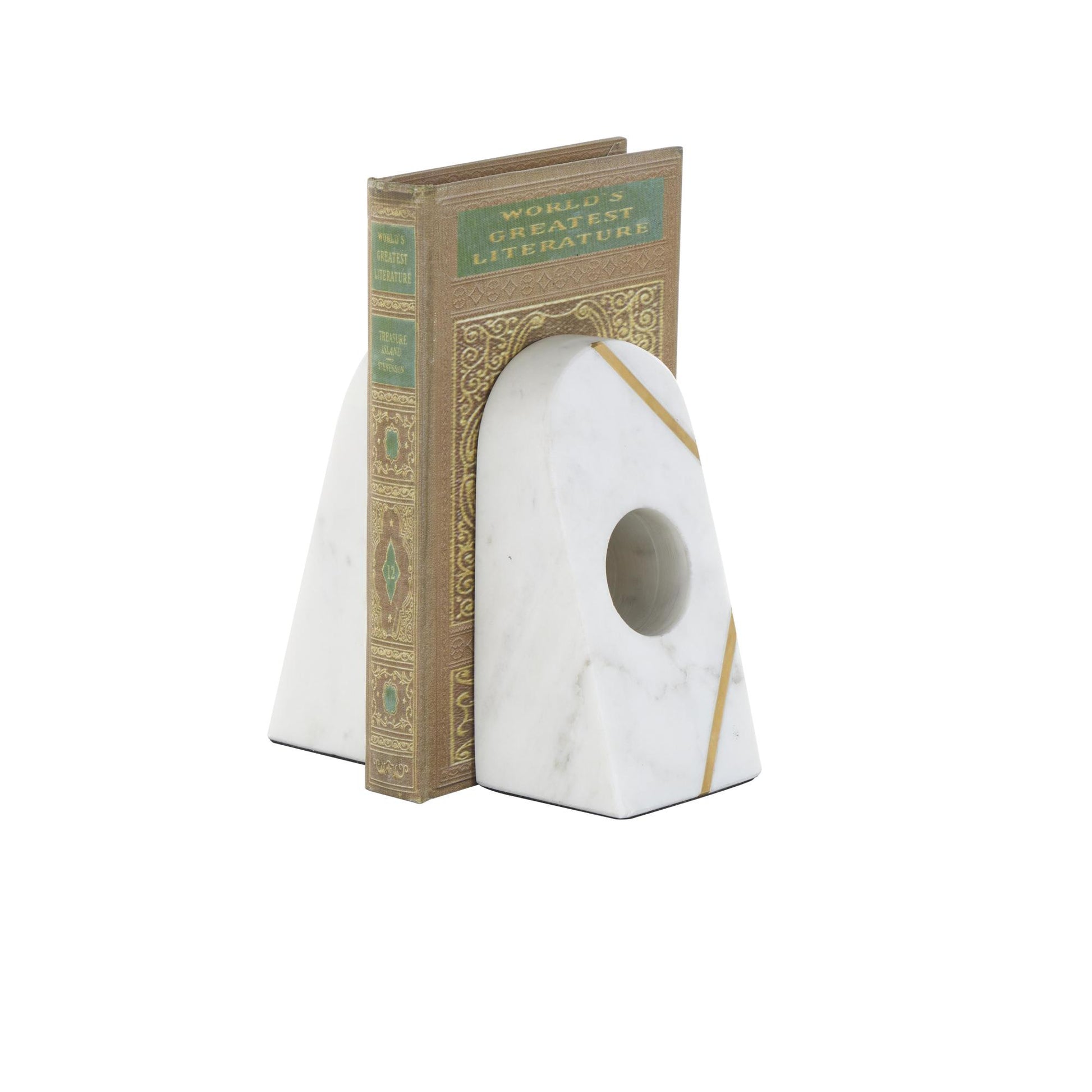 Set of 2 Geometric Marble Curved Pyramid Decorative Bookends with Diagonal Gold Stripes