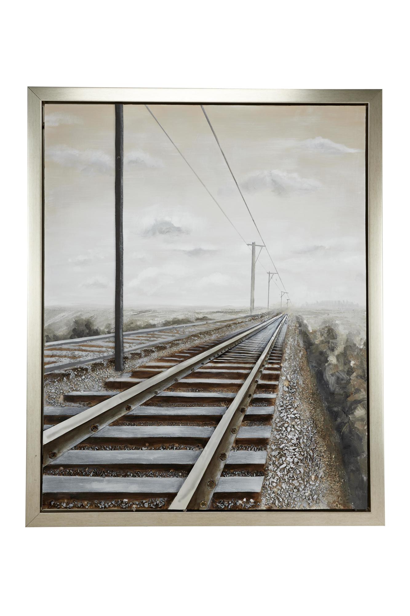 Landscape Gray Canvas Railroad Track Living Room Framed Wall Art with Silver Frame