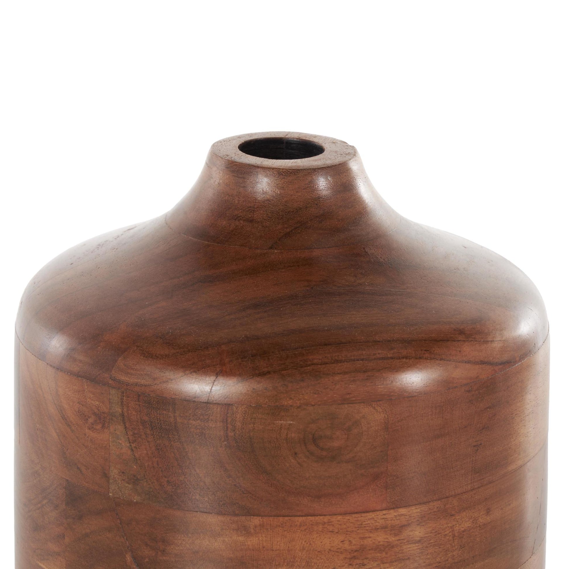Brown Wood Decorative Vase with Mosaic Strips and Natural Wood Grains