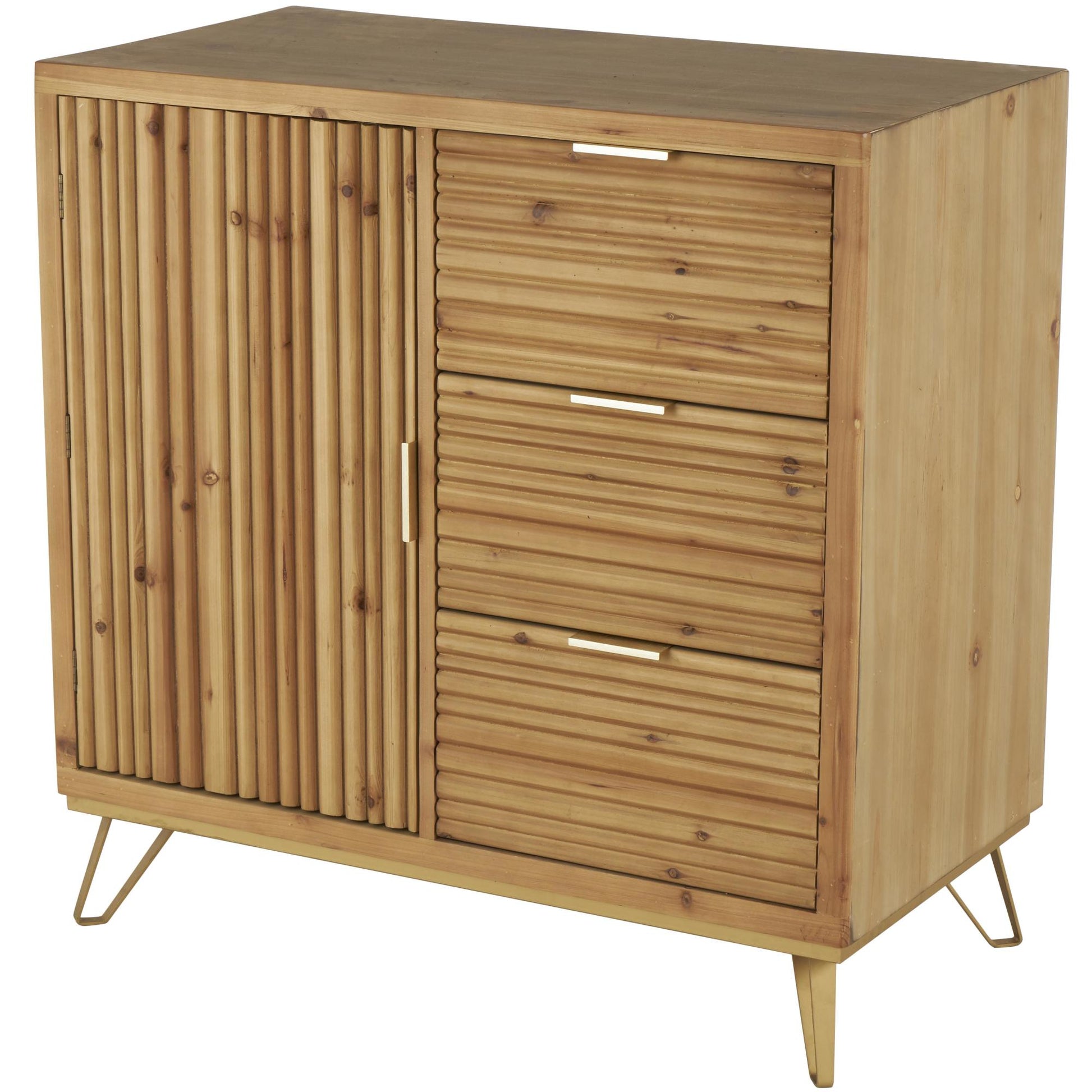Brown Wooden Ribbed 1 Door and 3 Drawer Room Cabinet with Gold Metal Handles