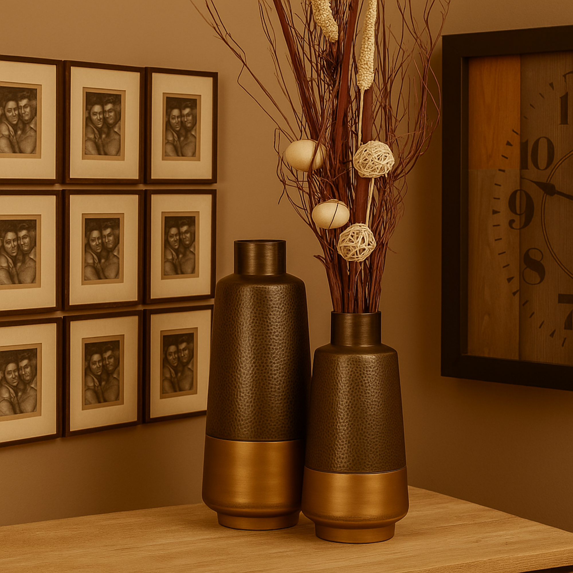 Set of 2 Dark Gray Metal Decorative Vase with Gold Base