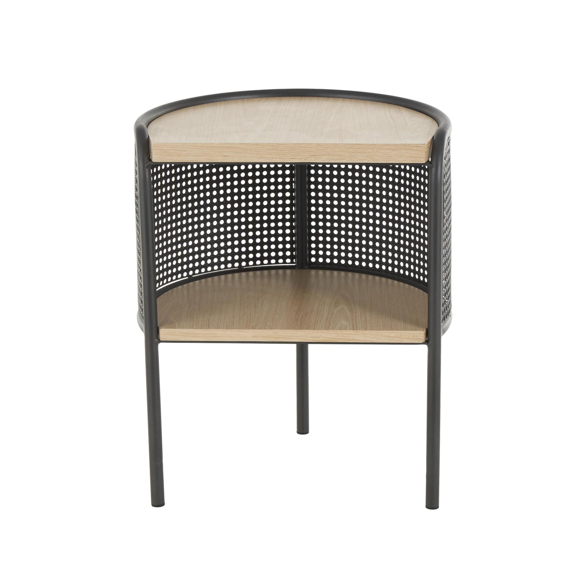 Light Brown Wooden Half-Moon Two- Toned Side End Accent Table with Mesh Back Panel and Brown Wood Tabletop