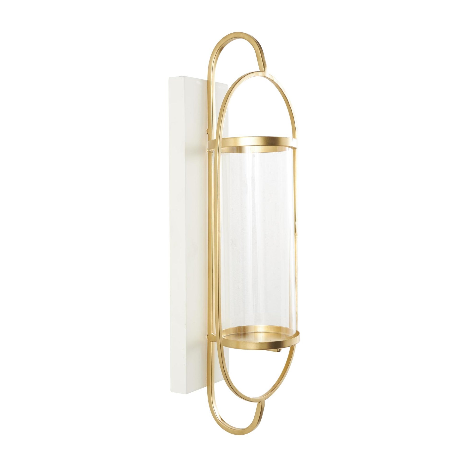 Gold Metal Oval Indoor Outdoor Wall Sconce with White Wood Backing