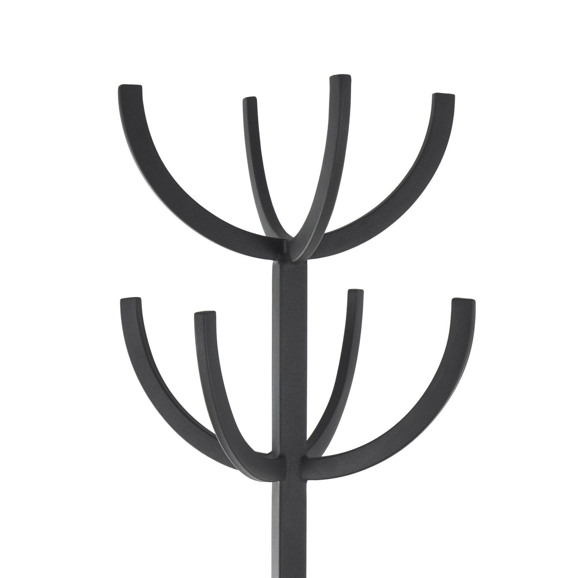 Black Metal 8 Hook Freestanding Coat Rack with Ached Legs and Circular Center Storage
