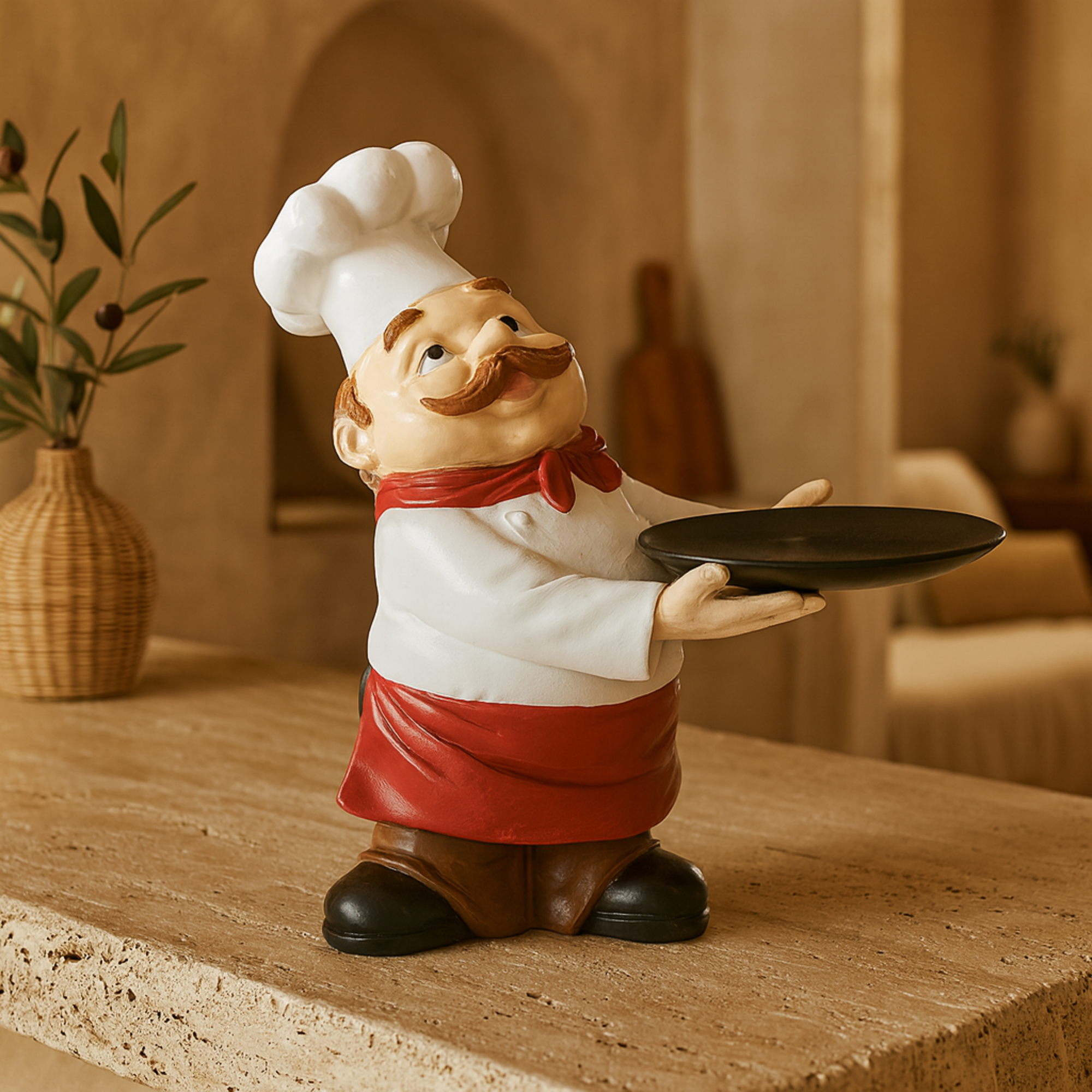 Chef White Polystone Kitchen Decorative Figurine Decorative Sculpture with Black Tray