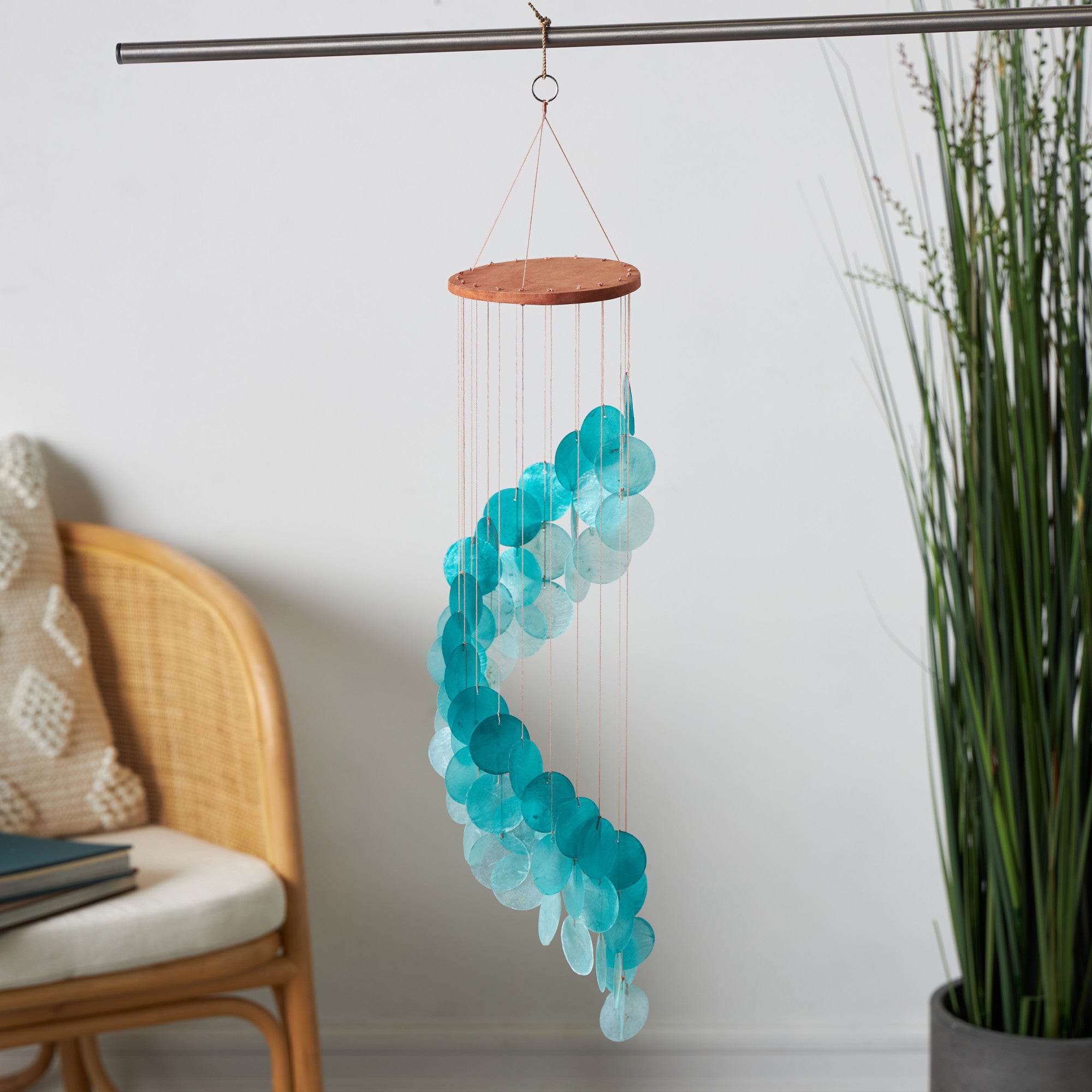 Geometric Teal Capiz Shell Waterfall Indoor Outdoor Windchime with Silver Ring