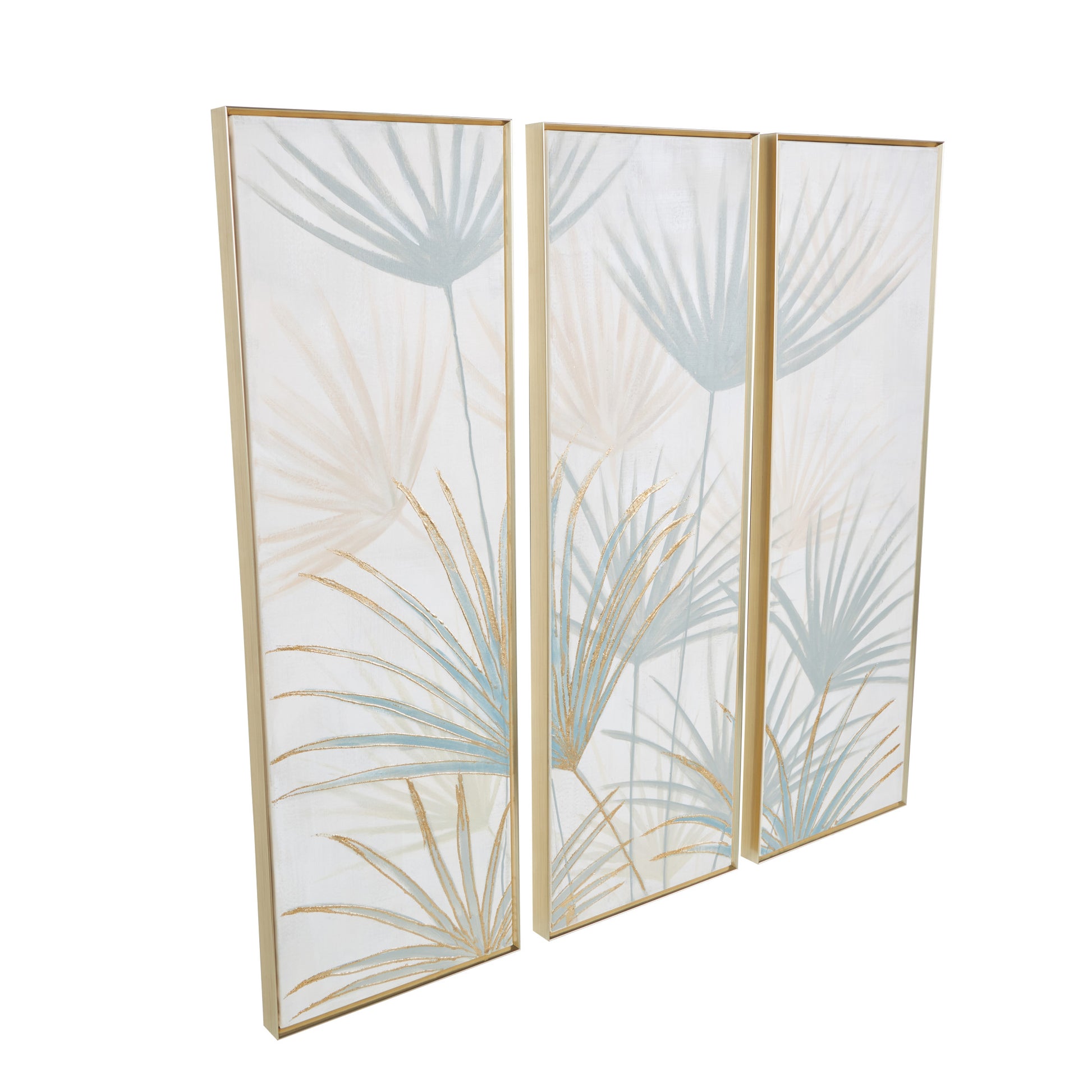 Set of 3 Palm Tree Teal Canvas Metallic Layered Leaf Living Room Framed Wall Art with Gold Foil Details