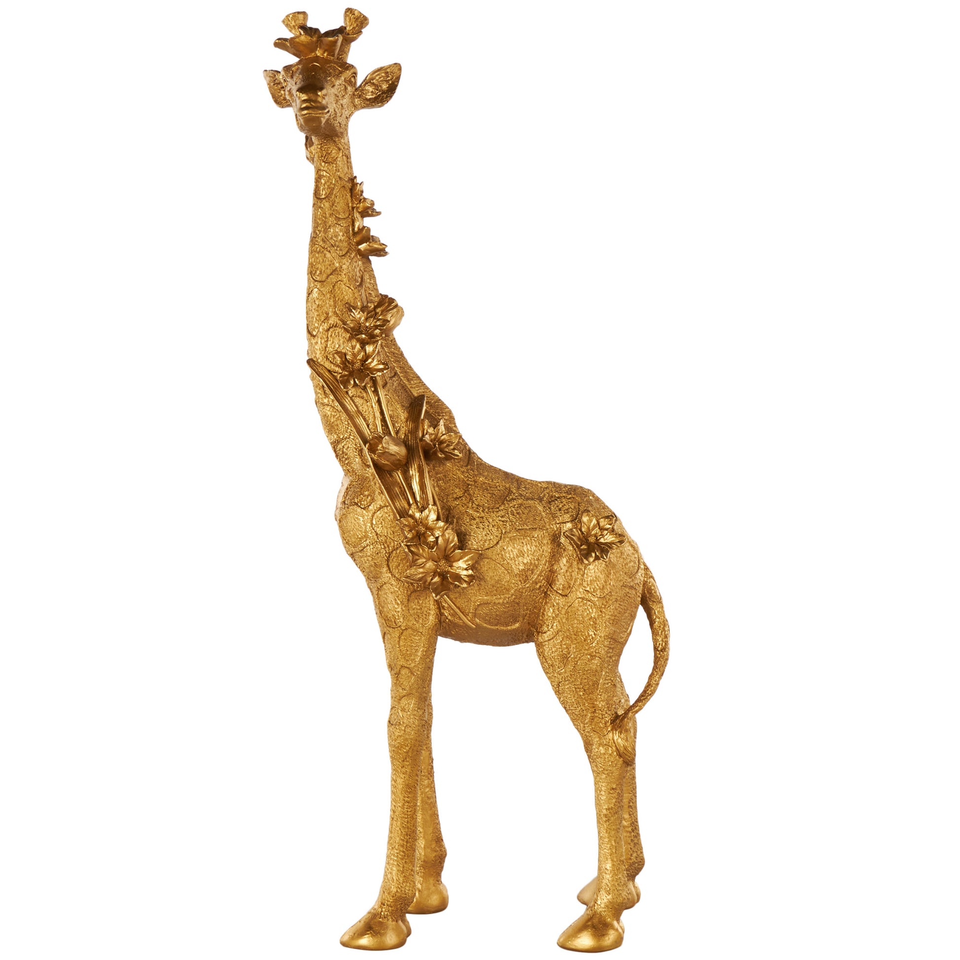 Giraffe Gold Resin Standing Decorative Sculpture with Textured Spots and Floral Accents