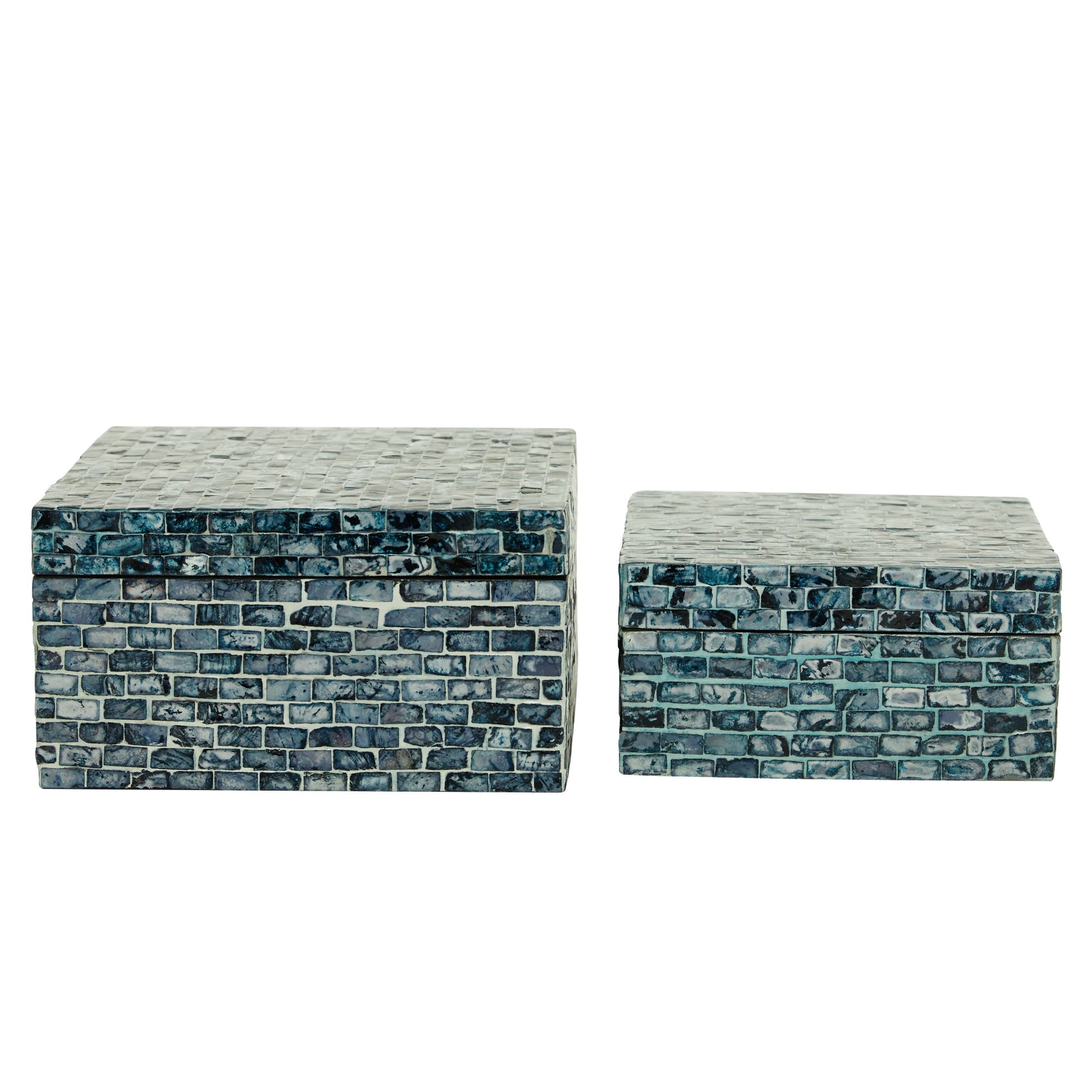 Set of 2 Blue Mother of Pearl Shell Handmade Decorative Box with Hinged Lid