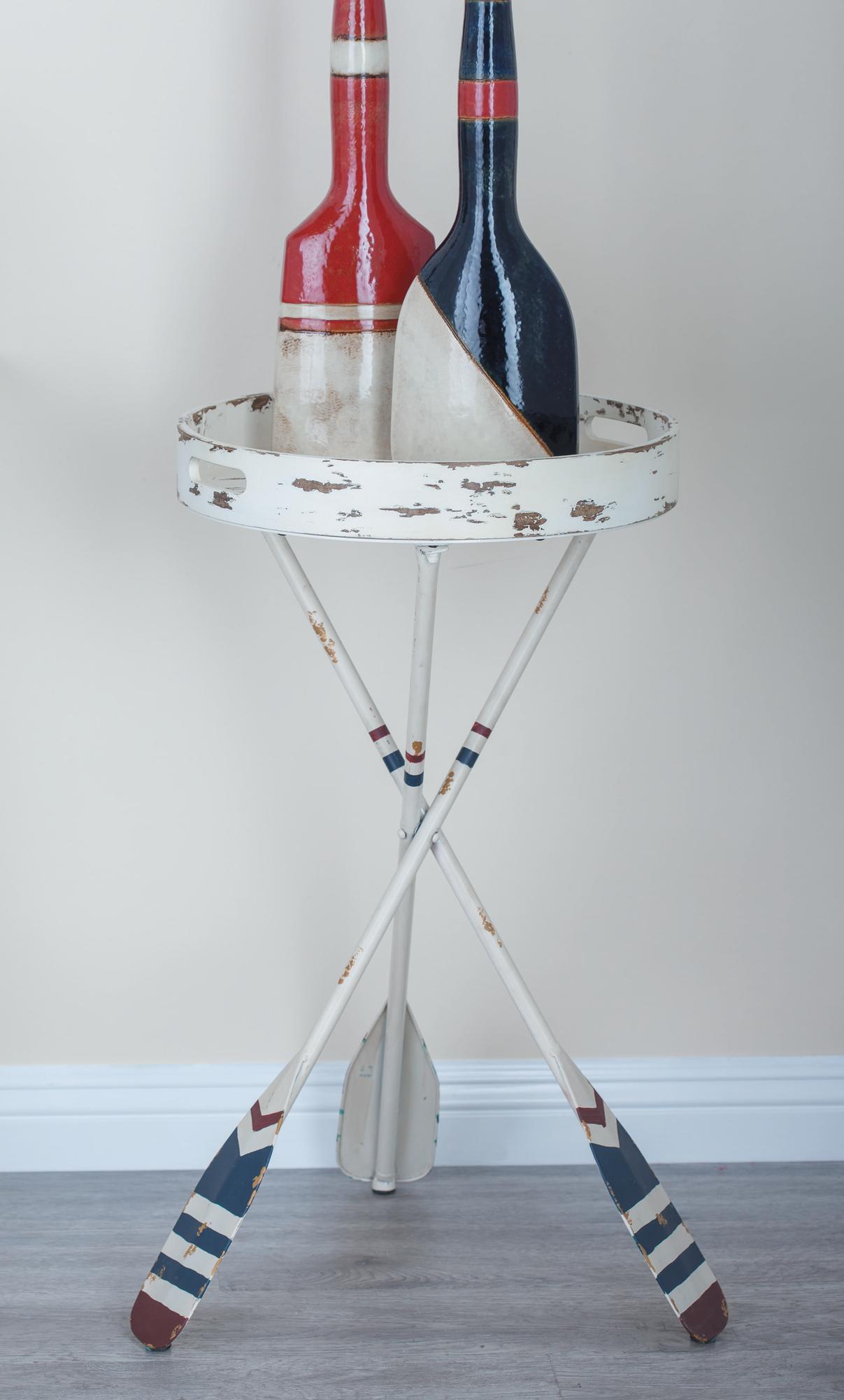 Paddle White Metal Distressed Striped Side End Accent Table with Navy and Red Striped Oar Legs