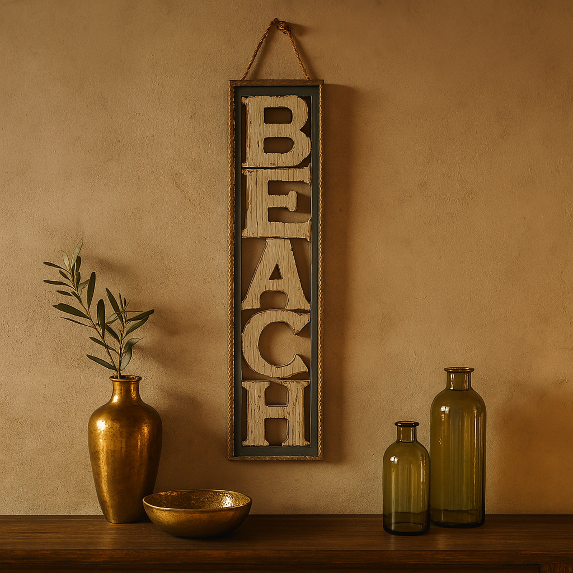 Sign Beige Wooden Beach Home Wall Decor with Rope Hanger