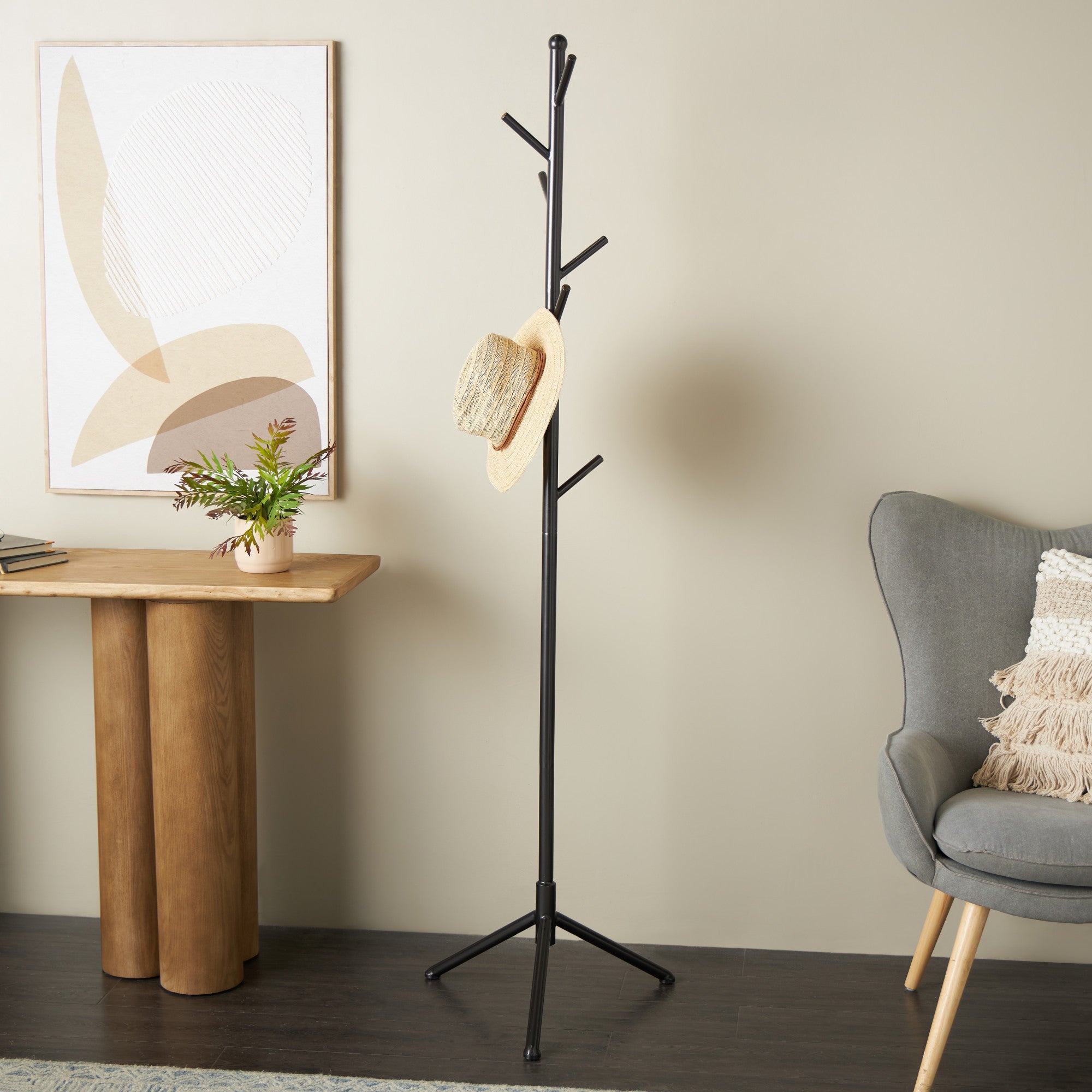 Black Metal 8 Hook Freestanding Coat Rack with Triangle Legs