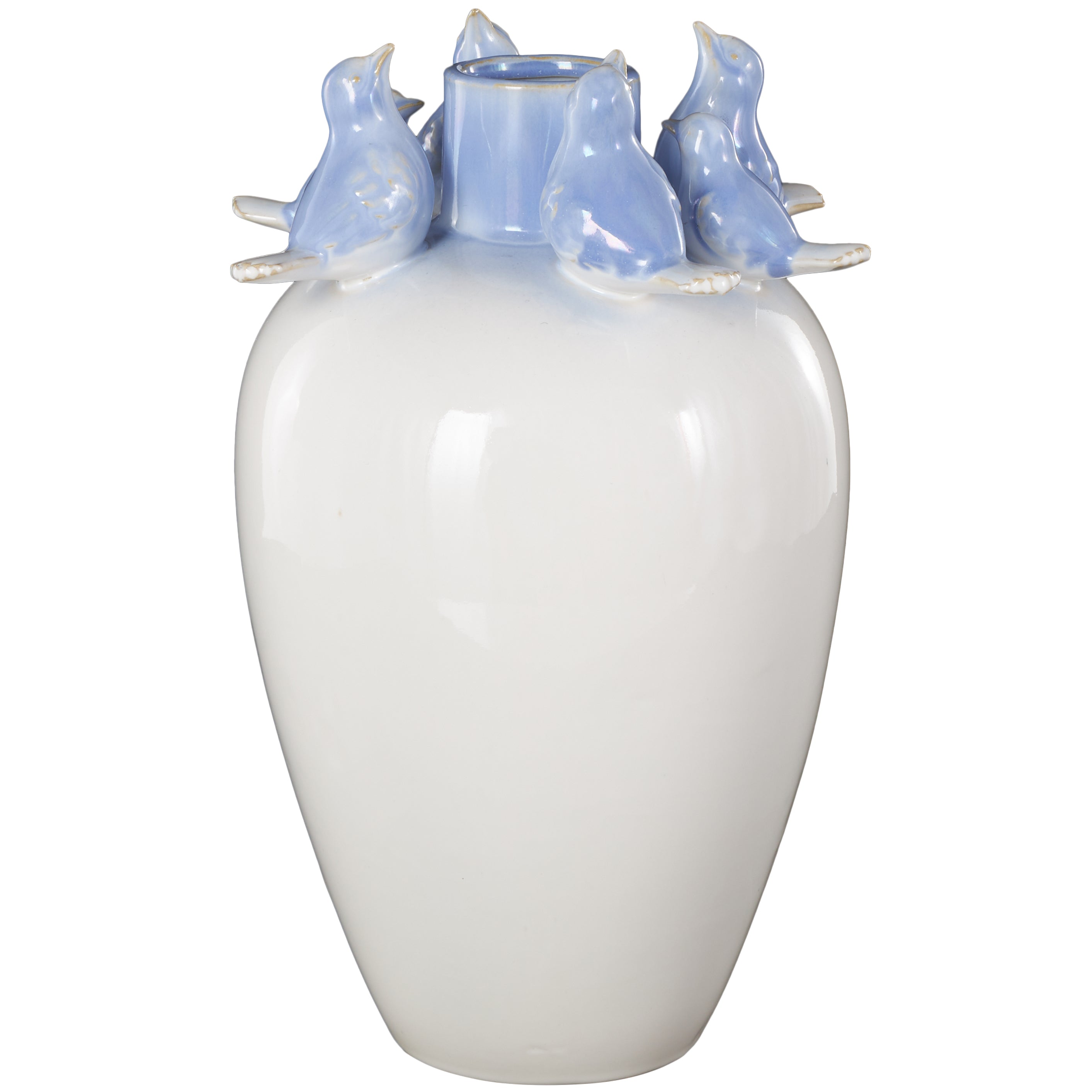 Bird White Ceramic Decorative Vase with Blue Accents