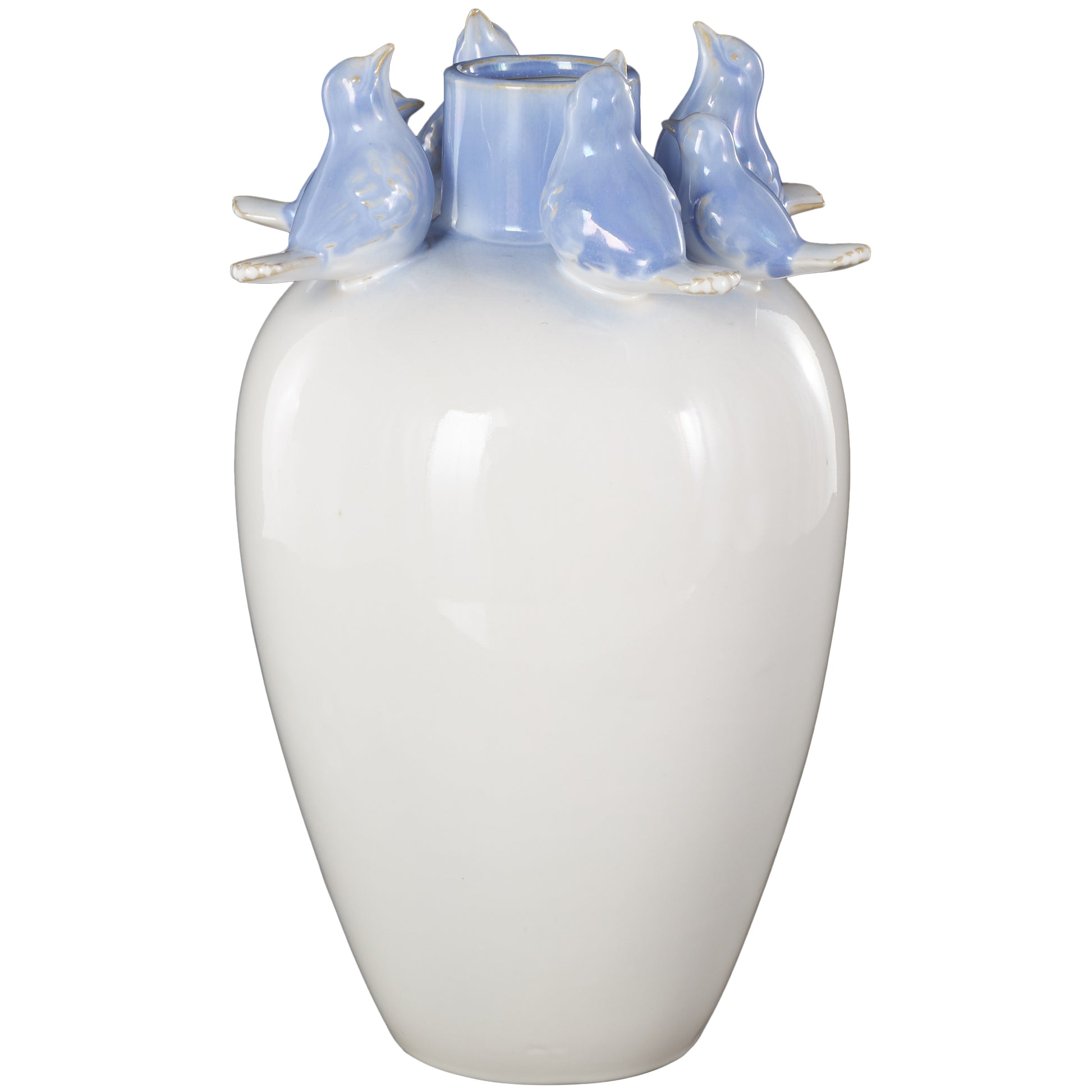Bird White Ceramic Decorative Vase with Blue Accents