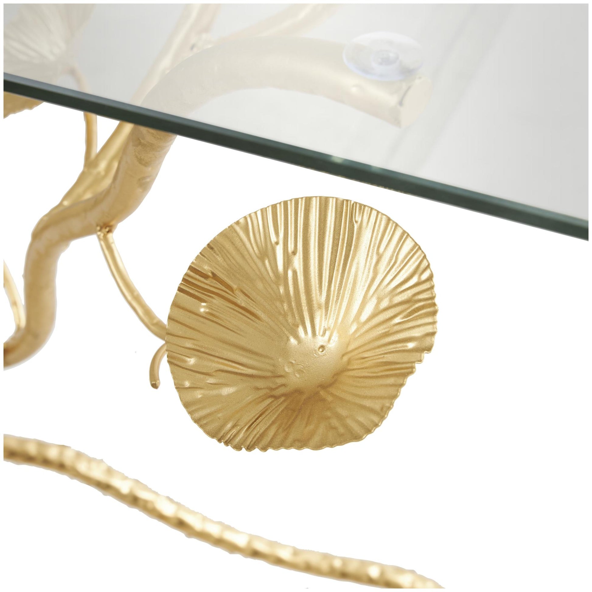 Floral Gold Metal Branch Living Room Console Table with Tempered Glass Top