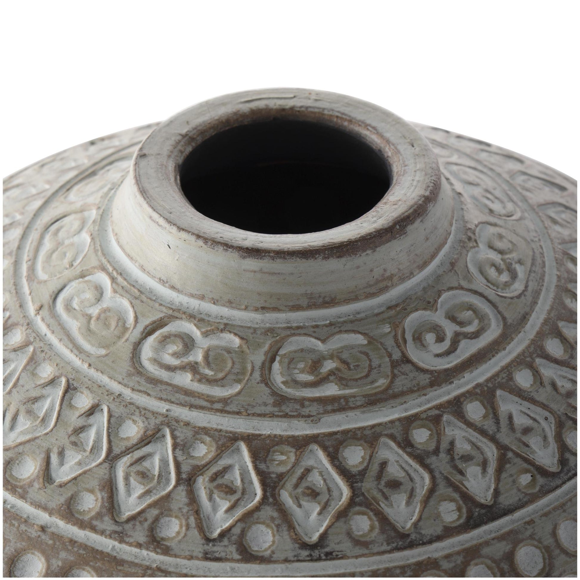 Green Ceramic Handmade Antique Style Decorative Vase with Geometric Tribal Carvings