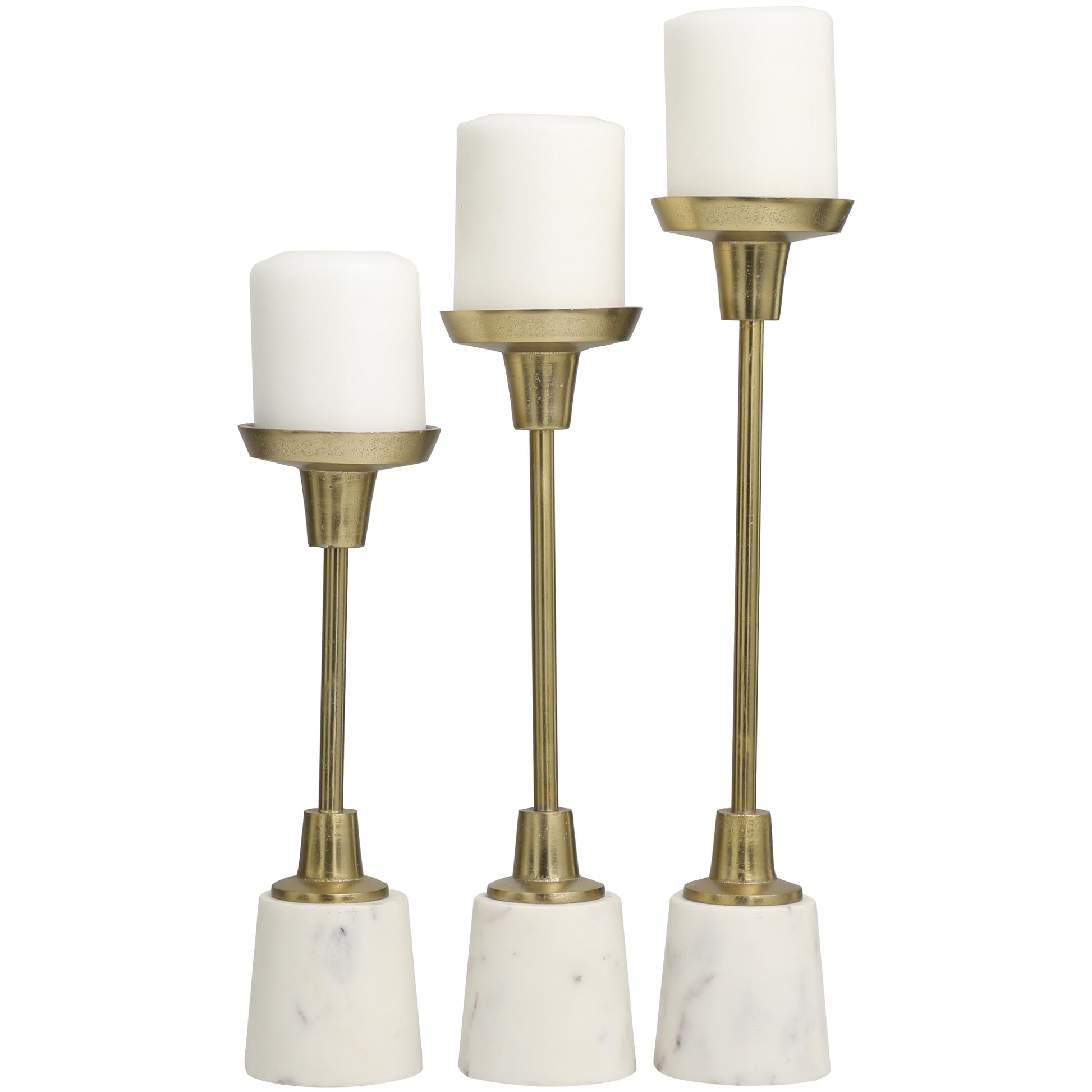 Set of 3 Gold Aluminum Metal Slim Decorative Candle Holder with White Marble Base